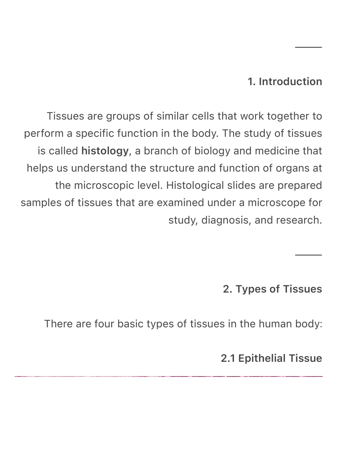 غلاف تقرير Introduction to Histology - Types of Tissues