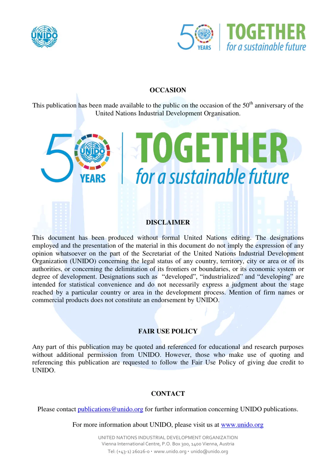 غلاف تقرير UNIDO Together 50 Years for a Sustainable Future