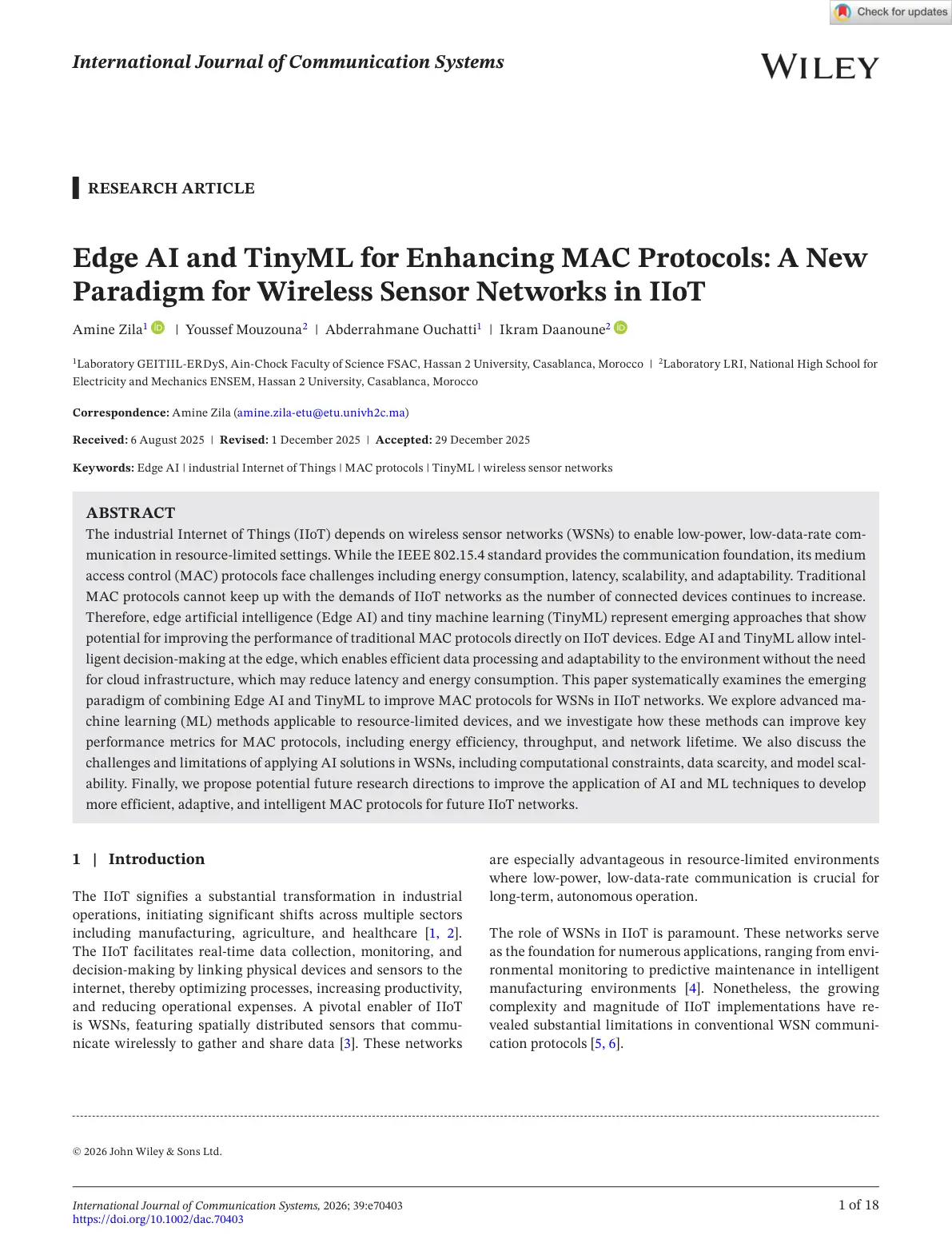 غلاف تقرير Edge AI and TinyML for Enhancing MAC Protocols: A New Paradigm for Wireless Sensor Networks in IIoT