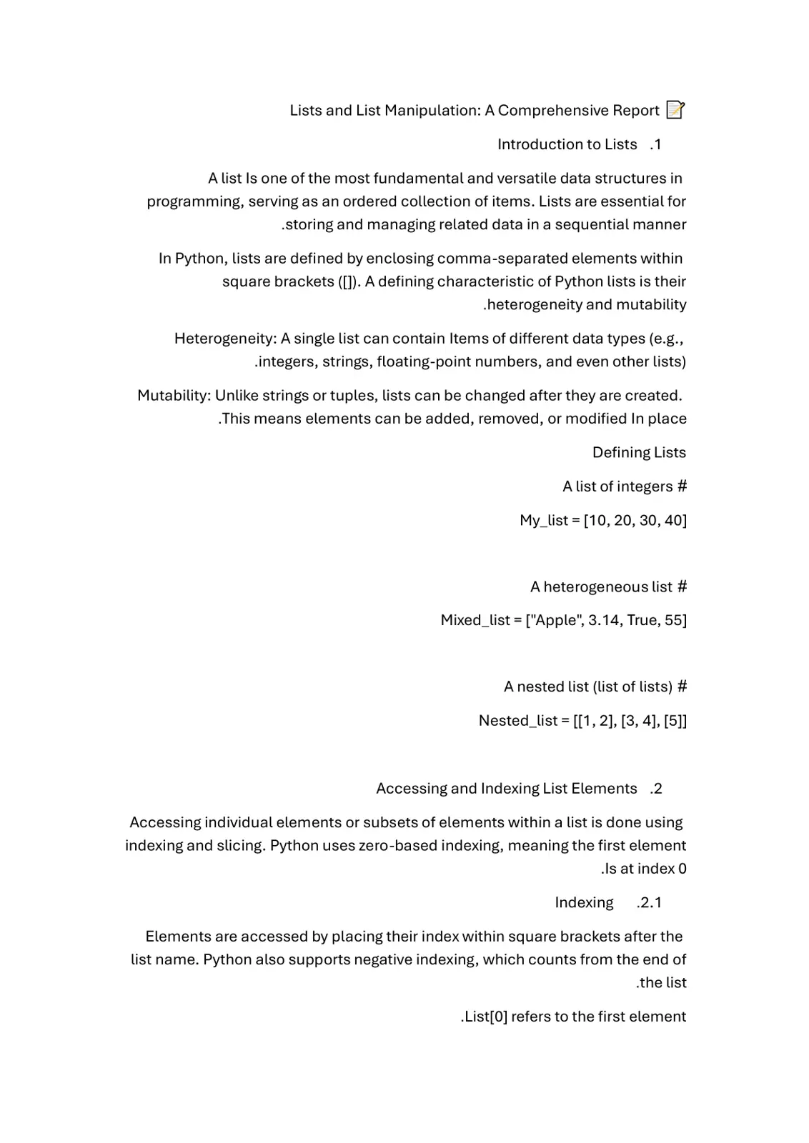 غلاف تقرير Lists and List Manipulation: A Comprehensive Report