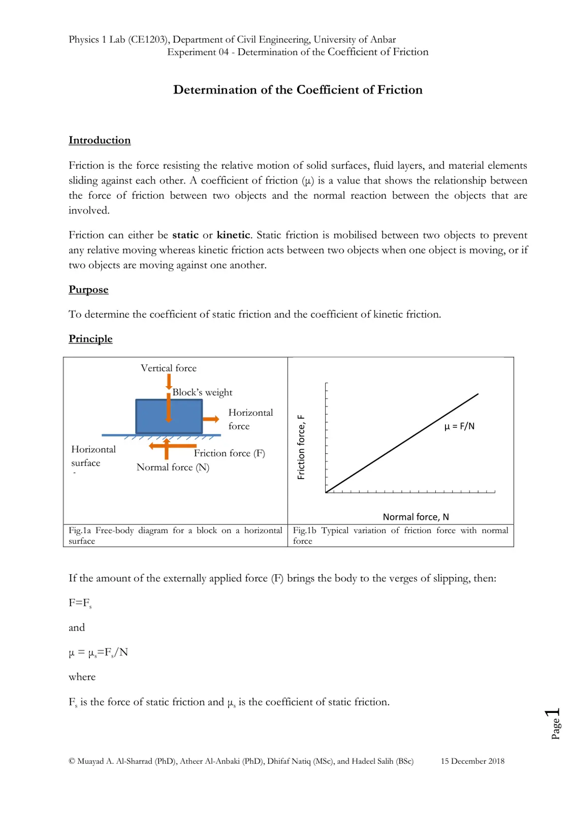 غلاف تقرير Experiment 04 Determination of the Coefficient of Friction
