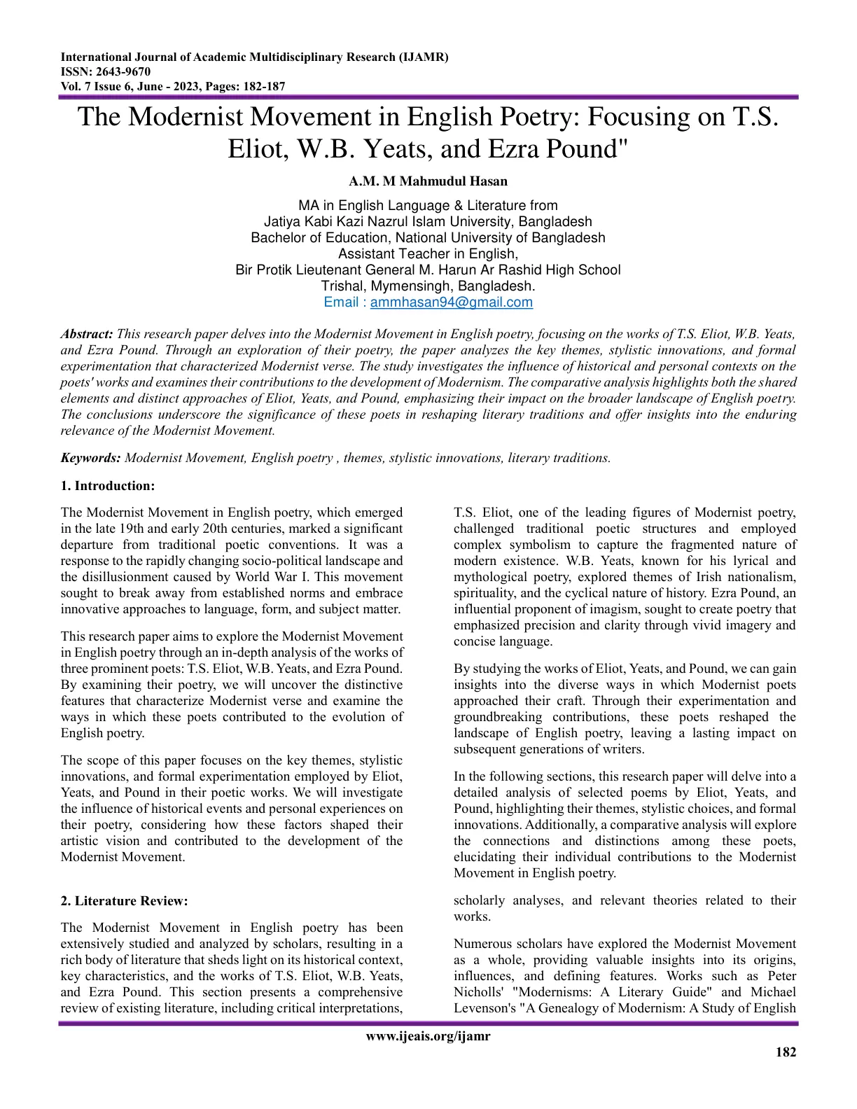 غلاف تقرير The Modernist Movement in English Poetry: Focusing on T.S. Eliot, W.B. Yeats, and Ezra Pound