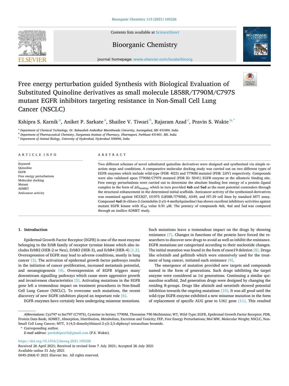 غلاف تقرير Free energy perturbation guided synthesis with biological evaluation of substituted quinoline derivatives as L858R/T790M/C797S mutant EGFR inhibitors targeting resistance in NSCLC