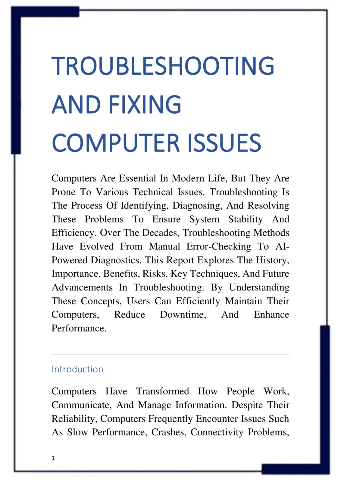 غلاف تقرير TROUBLESHOOTING AND FIXING COMPUTER ISSUES