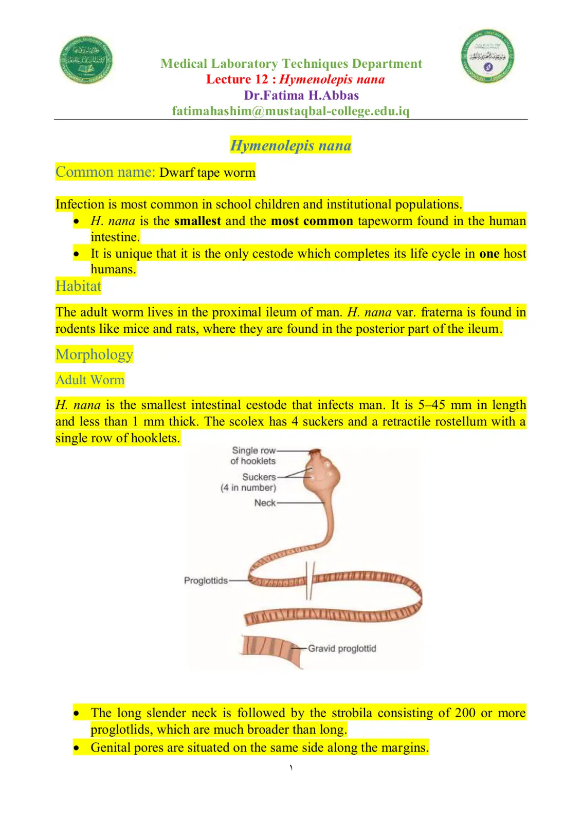 غلاف تقرير Lecture 12: Hymenolepis nana