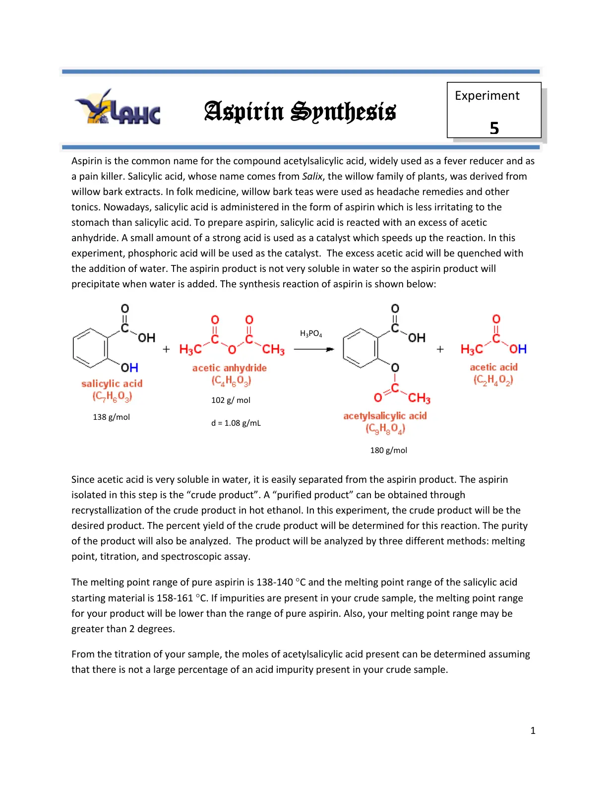 غلاف تقرير Aspirin Synthesis Experiment