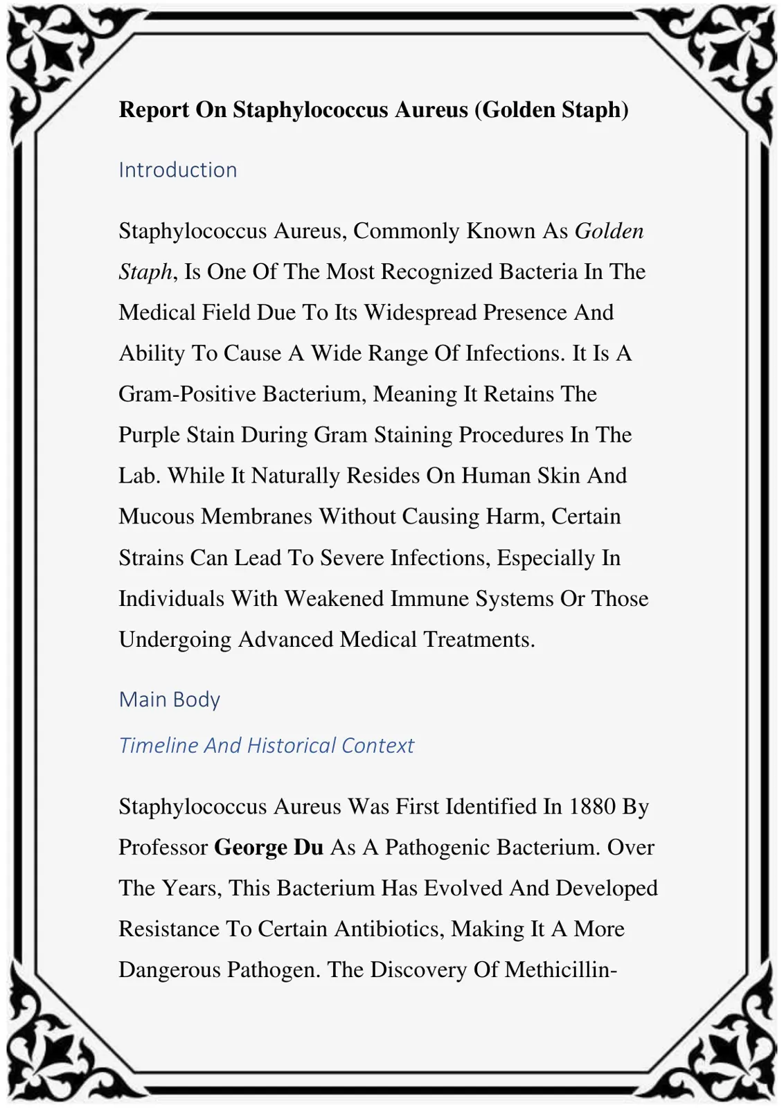 غلاف تقرير Report On Staphylococcus Aureus (Golden Staph)