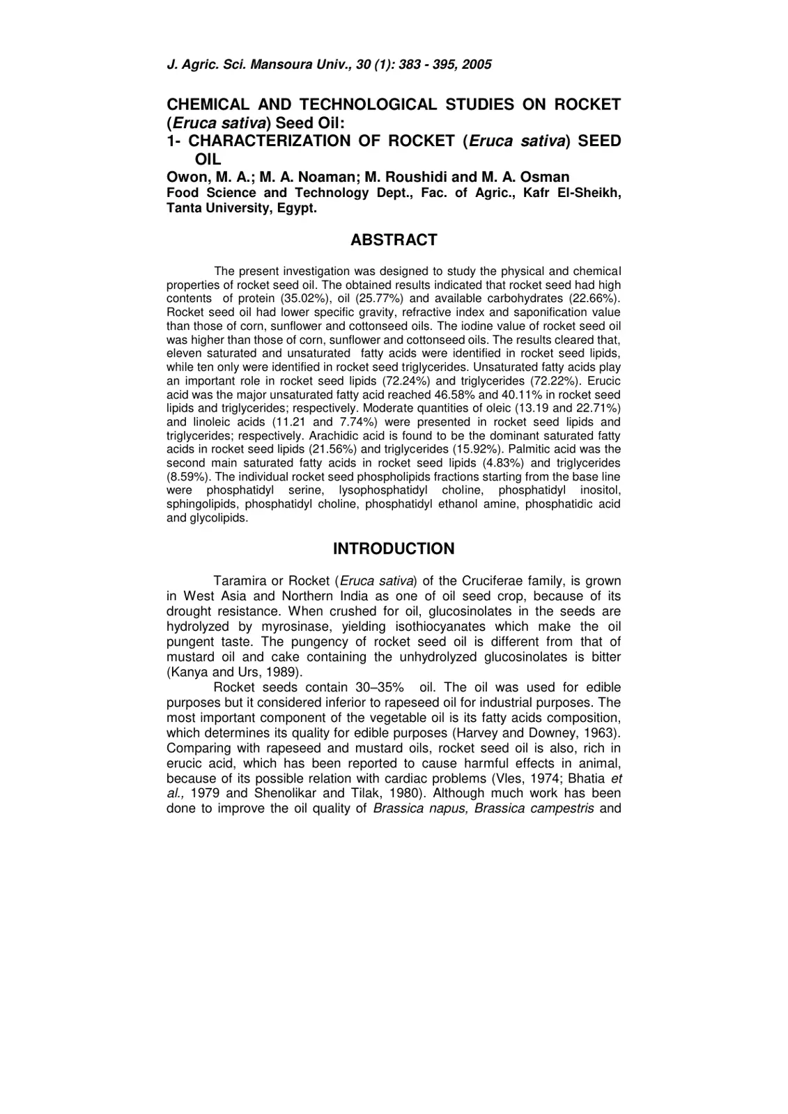 غلاف تقرير Chemical and Technological Studies on Rocket (Eruca sativa) Seed Oil: 1- Characterization of Rocket (Eruca sativa) Seed Oil