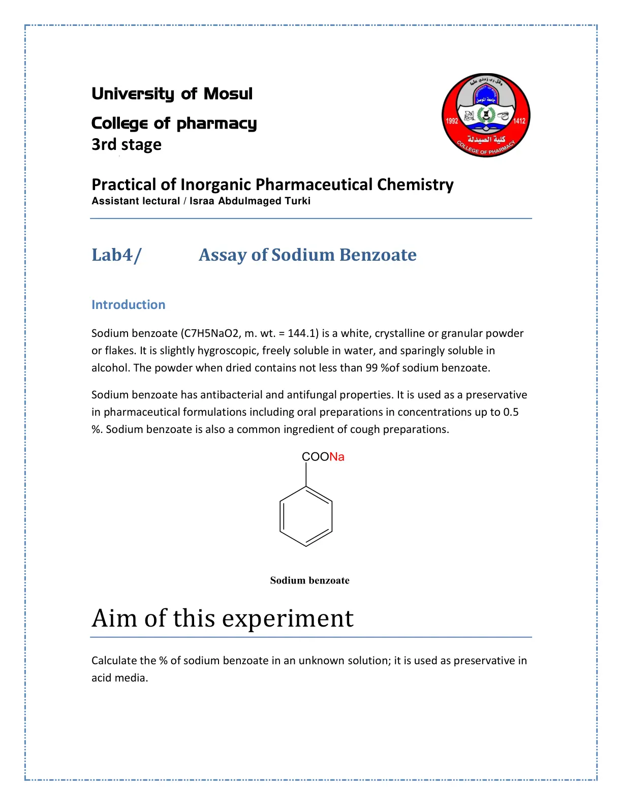 غلاف تقرير Assay of Sodium Benzoate