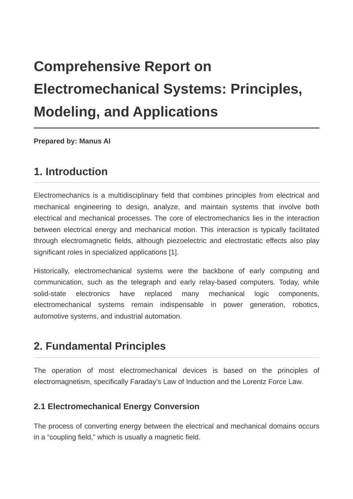 غلاف تقرير Comprehensive Report on Electromechanical Systems: Principles, Modeling, and Applications