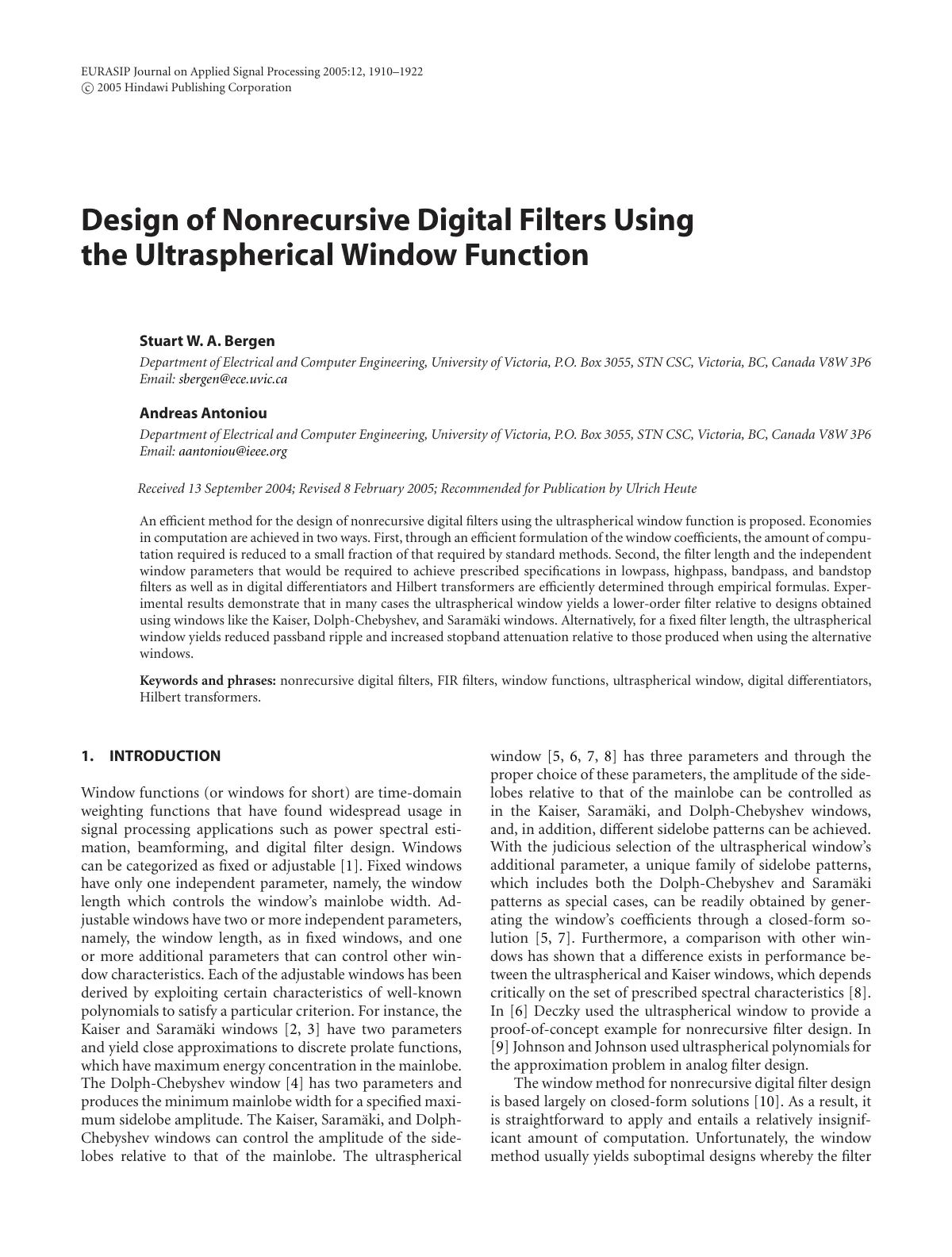 غلاف تقرير Design of Nonrecursive Digital Filters Using the Ultraspherical Window Function