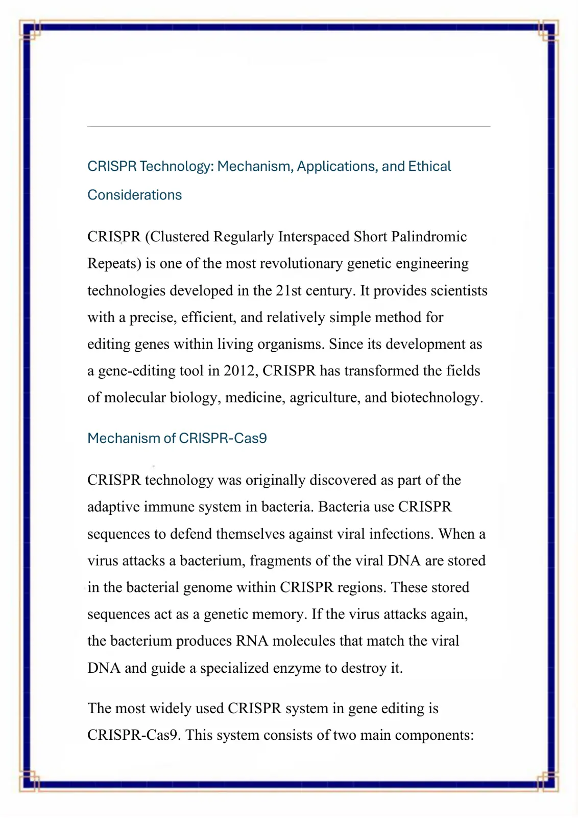غلاف تقرير CRISPR Technology: Mechanism, Applications, and Ethical Considerations