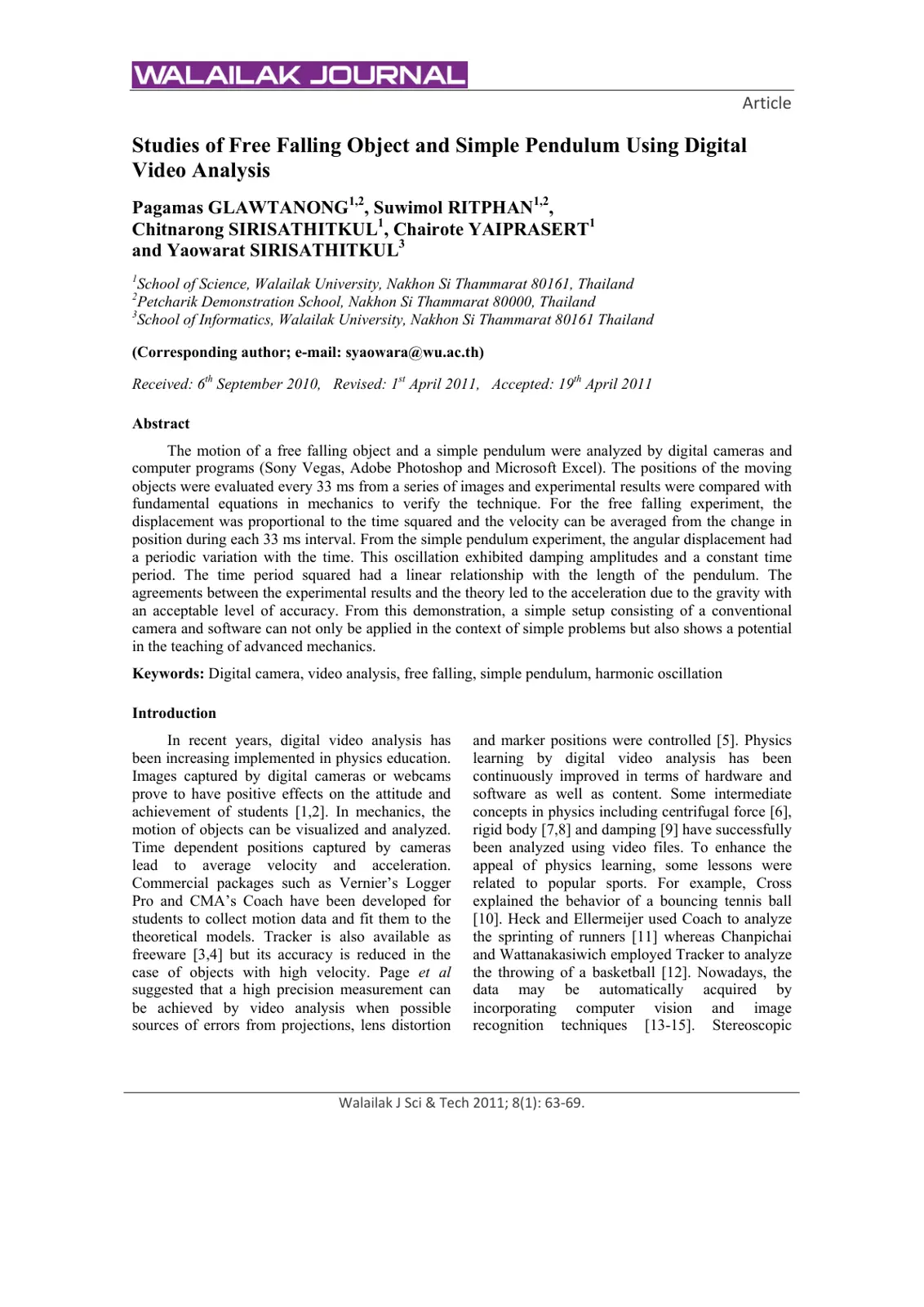 غلاف تقرير Studies of Free Falling Object and Simple Pendulum Using Digital Video Analysis