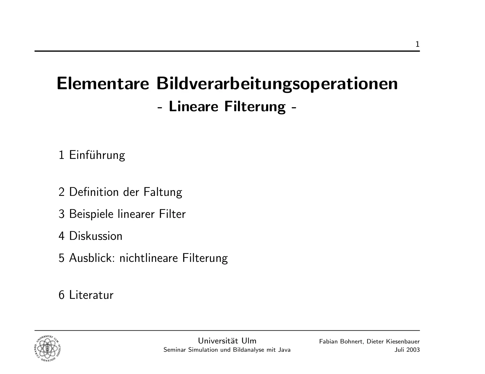 غلاف تقرير Elementare Bildverarbeitungsoperationen - Lineare Filterung -