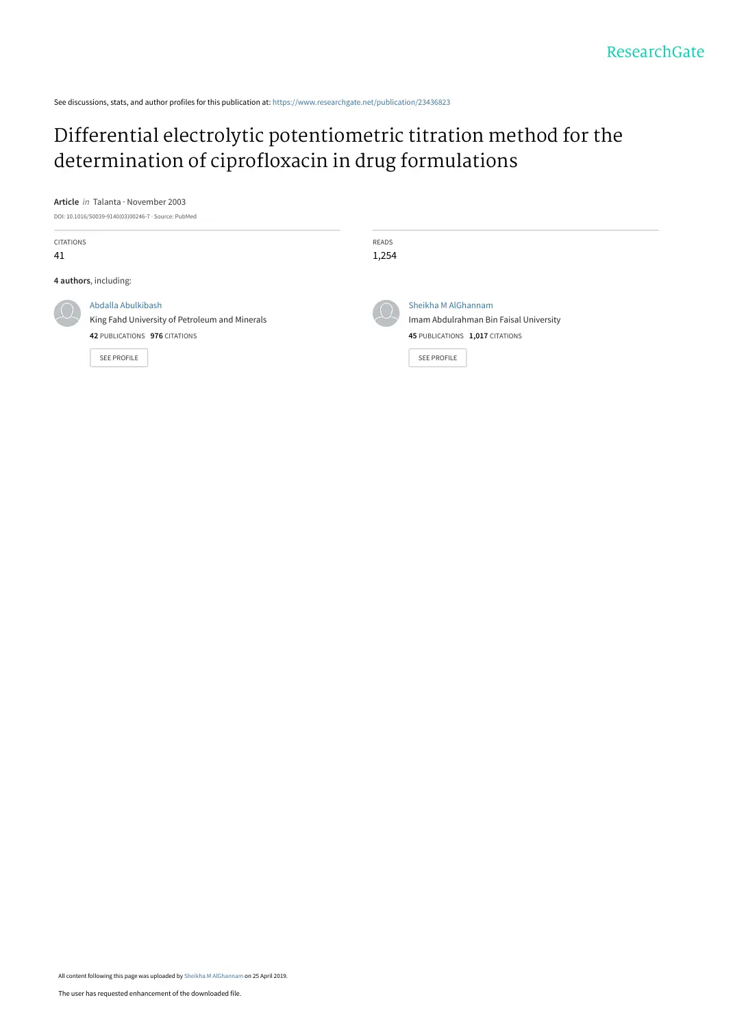 غلاف تقرير Differential electrolytic potentiometric titration method for the determination of ciprofloxacin in drug formulations