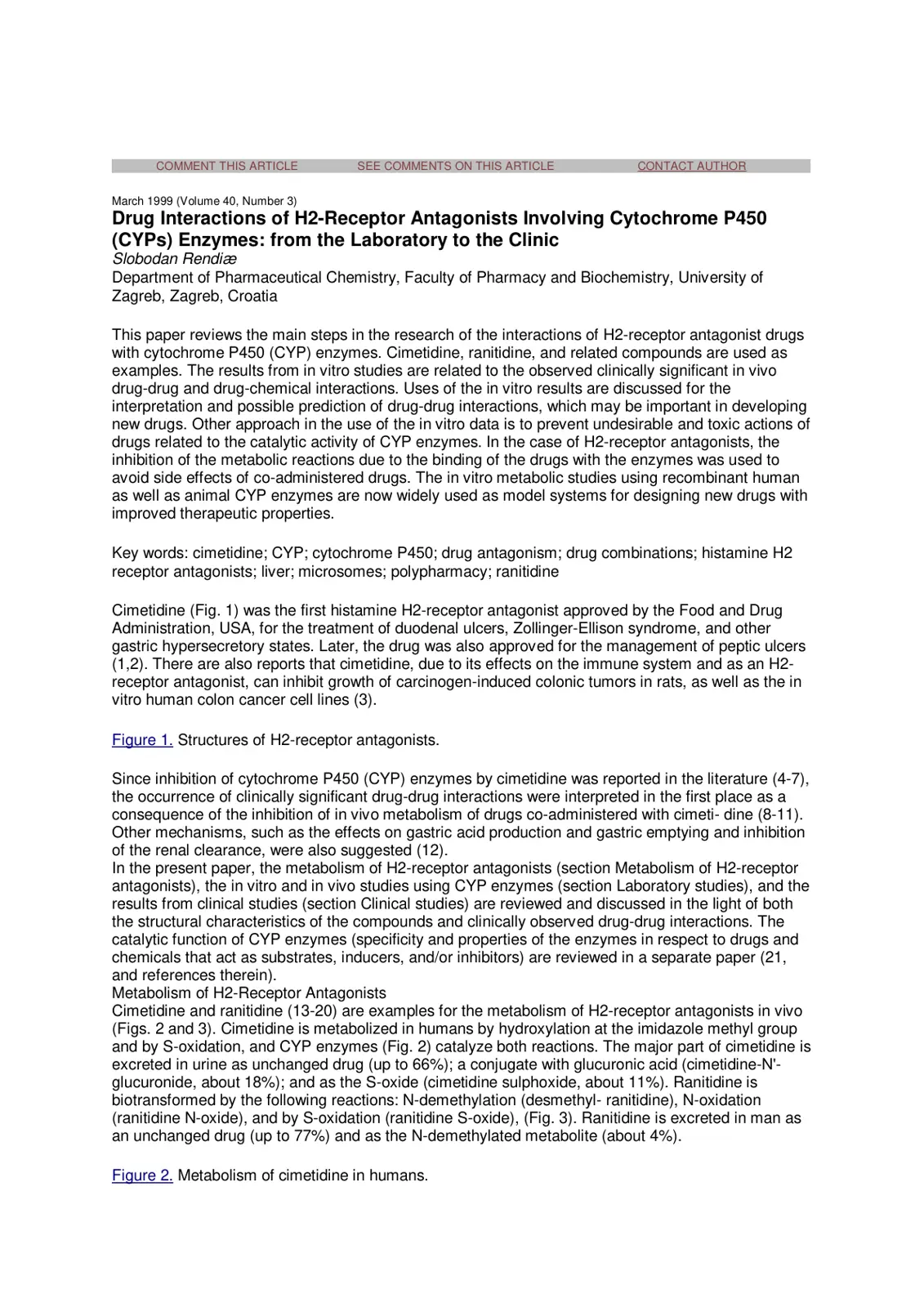 غلاف تقرير Drug Interactions of H2-Receptor Antagonists Involving Cytochrome P450 (CYPs) Enzymes