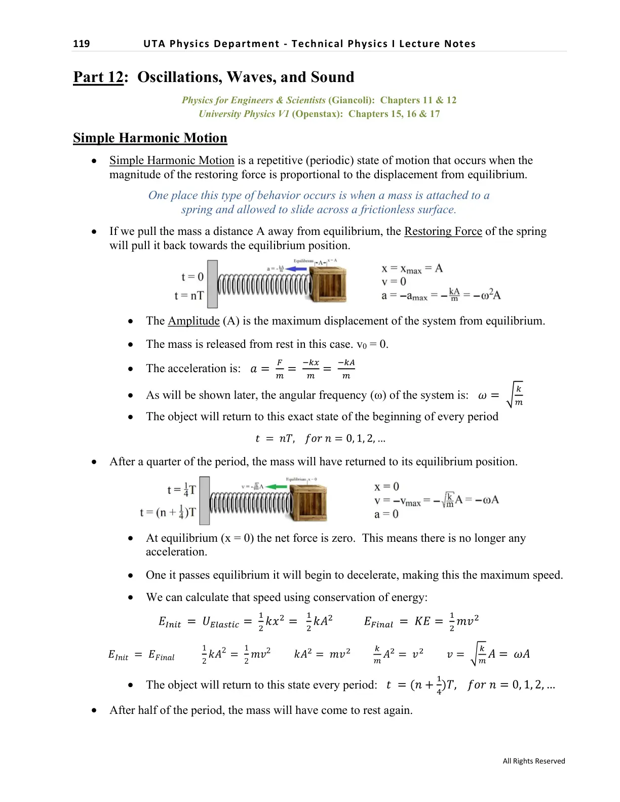 غلاف تقرير UTA Physics Department Technical Physics I Lecture Notes Part 12: Oscillations, Waves, and Sound