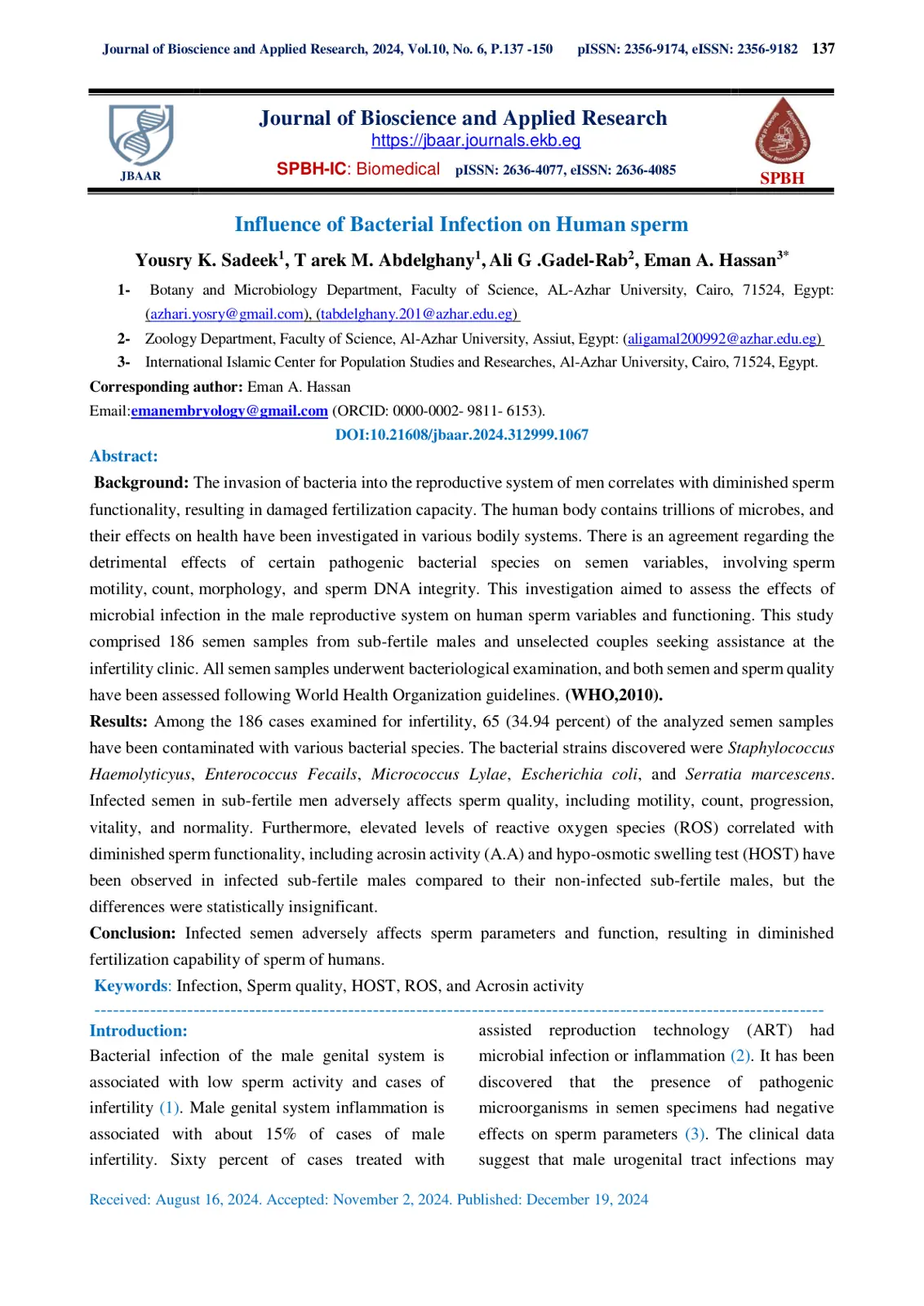 غلاف تقرير Influence of Bacterial Infection on Human Sperm