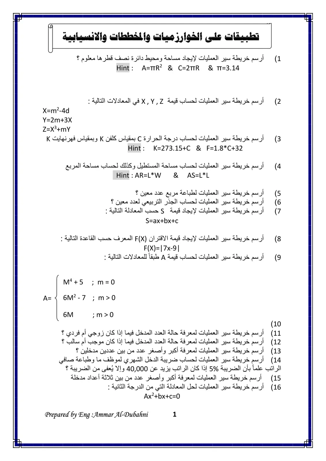 غلاف تقرير تطبيقات على الخوارزميات والمخططات الانسيابية