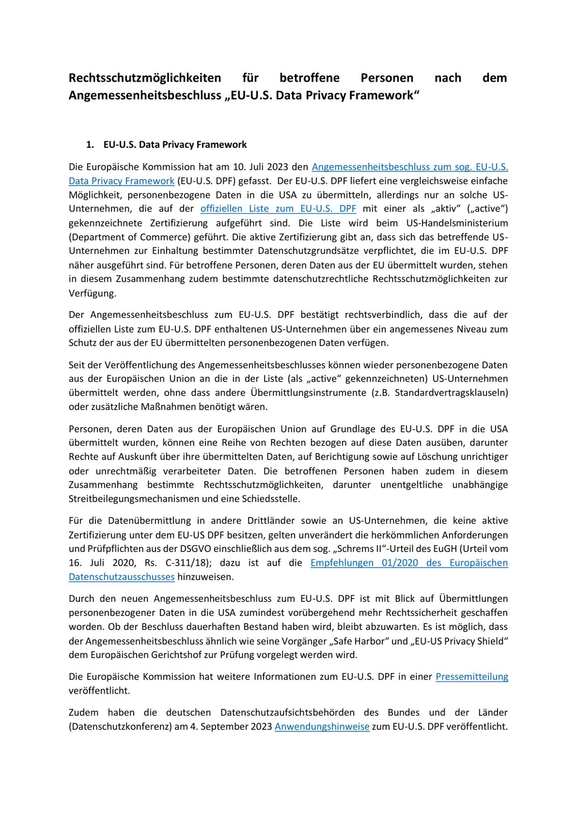 غلاف تقرير Rechtsschutzmöglichkeiten für betroffene Personen nach dem Angemessenheitsbeschluss „EU-U.S. Data Privacy Framework“