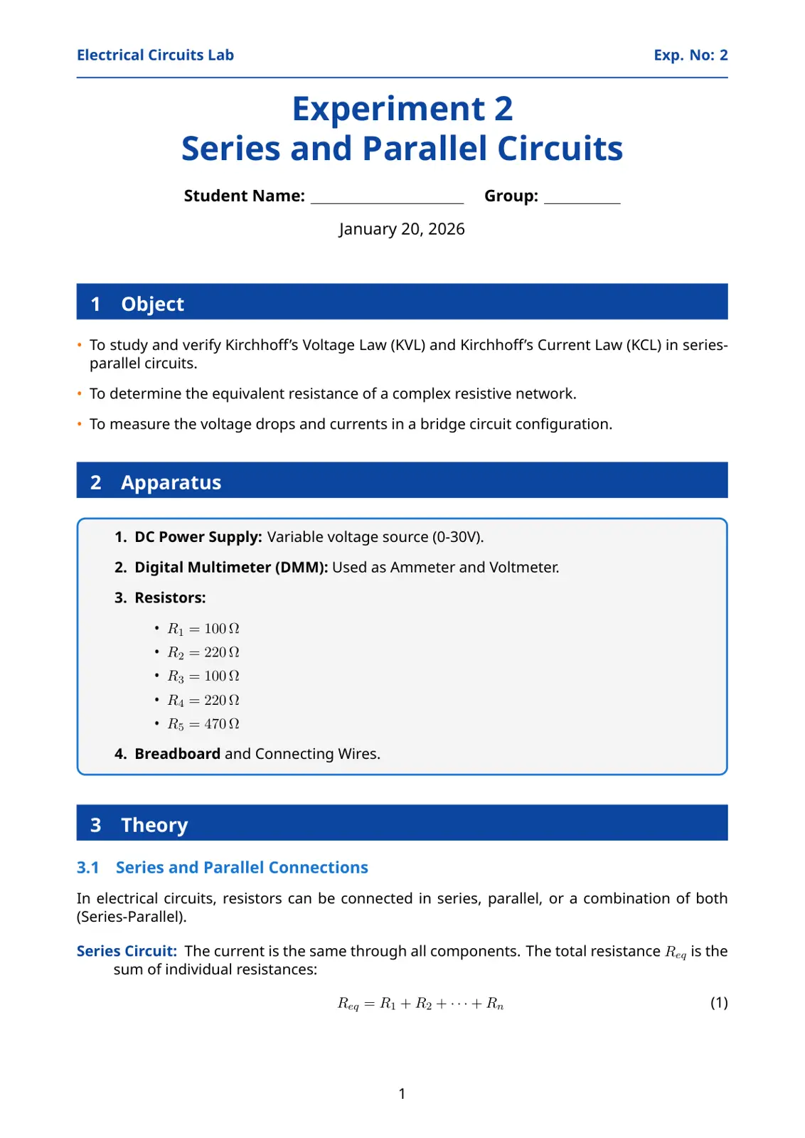 غلاف تقرير Electrical Circuits Lab - Experiment 2: Series and Parallel Circuits