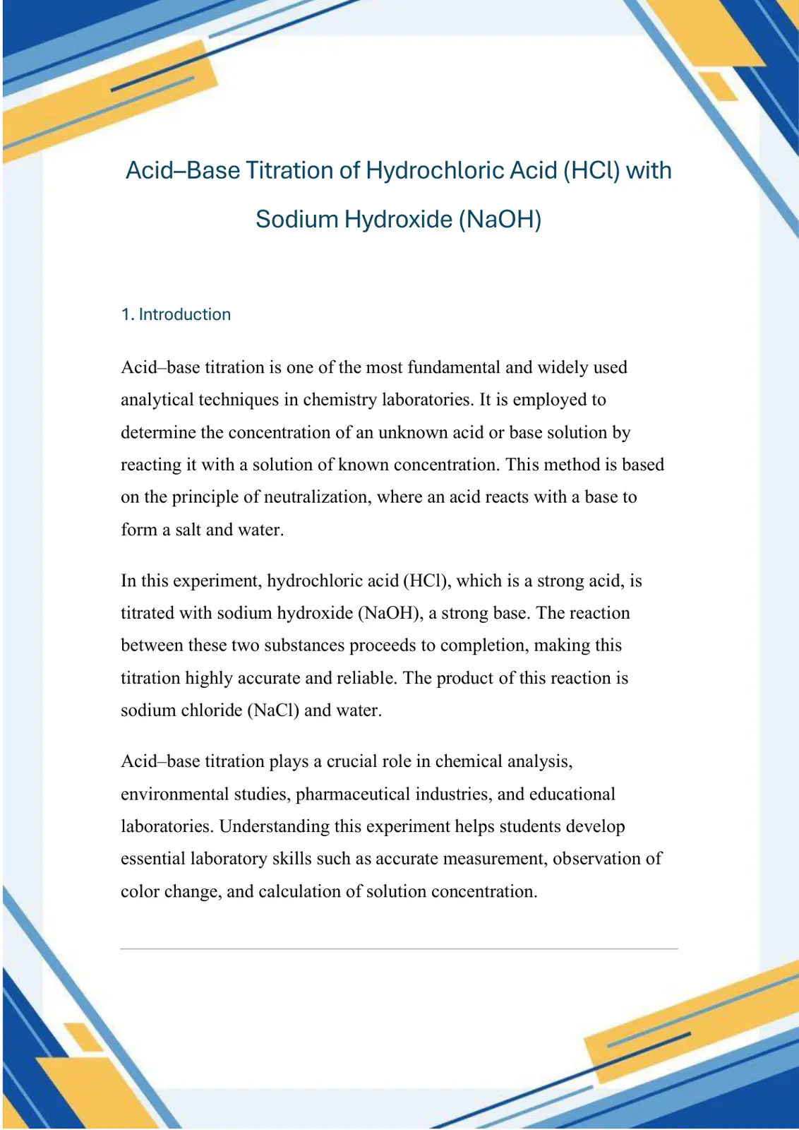 غلاف تقرير Acid-Base Titration of Hydrochloric Acid (HCl) with Sodium Hydroxide (NaOH)