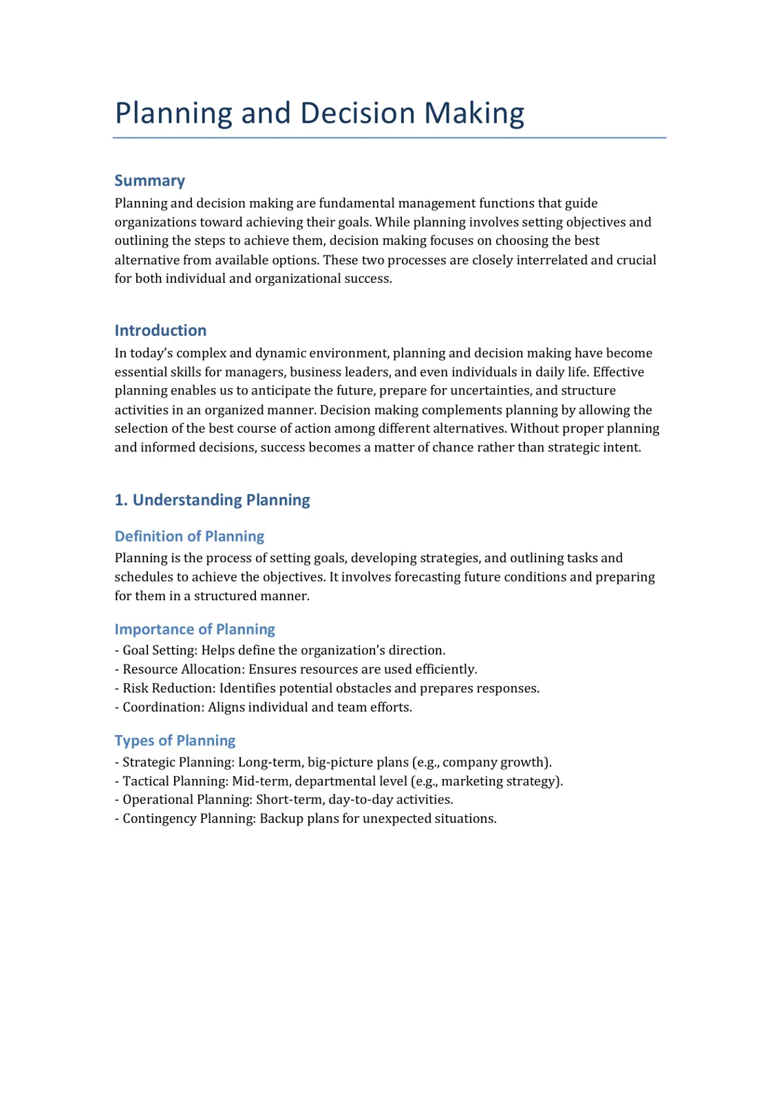 غلاف تقرير Planning and Decision Making