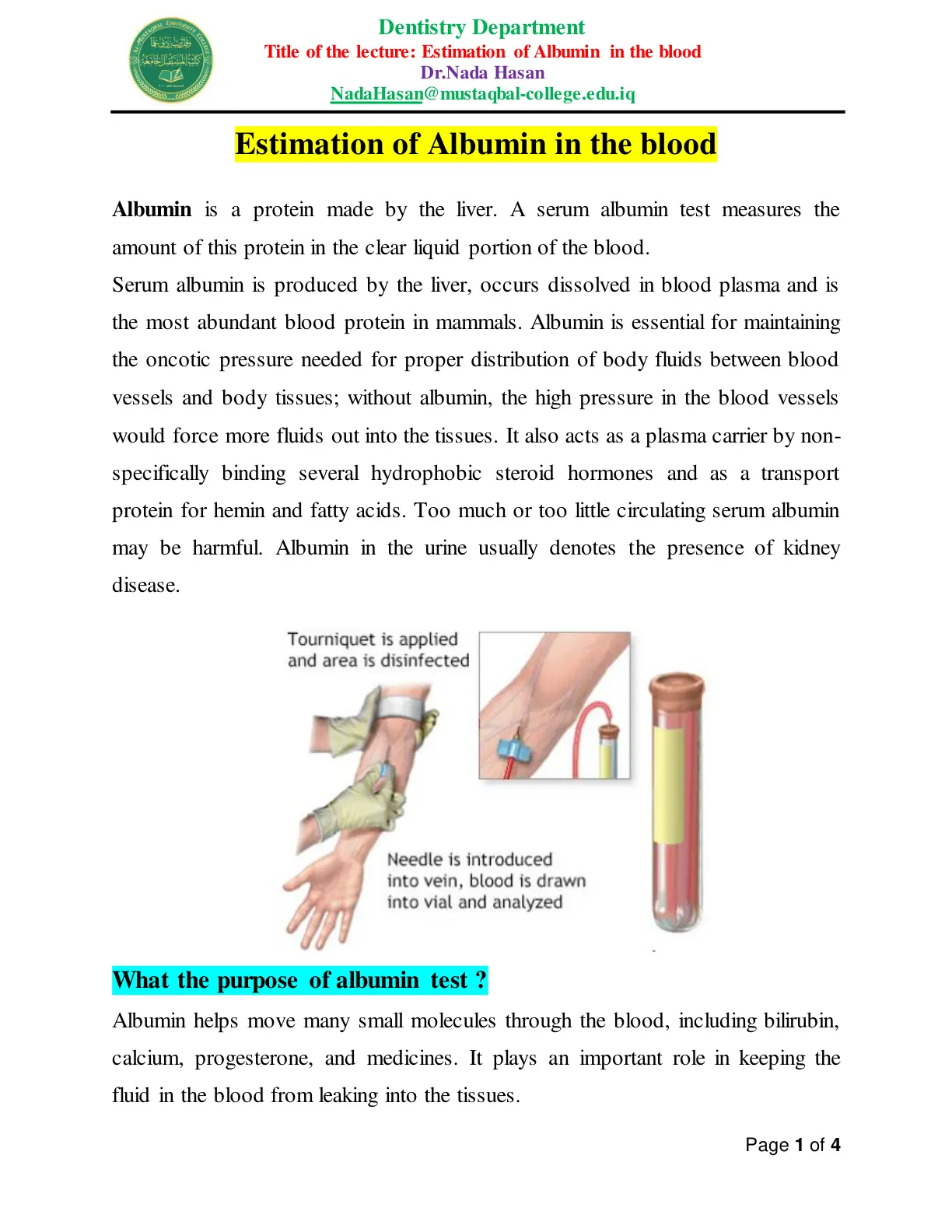 غلاف تقرير Estimation of Albumin in the blood