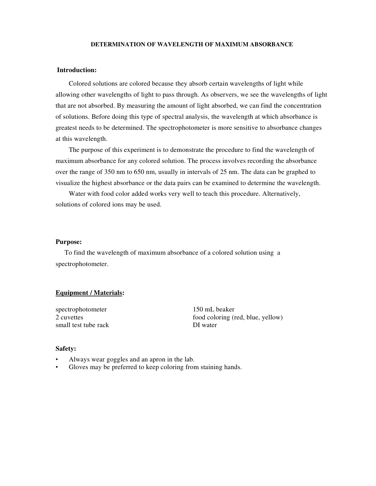 غلاف تقرير Determination of Wavelength of Maximum Absorbance