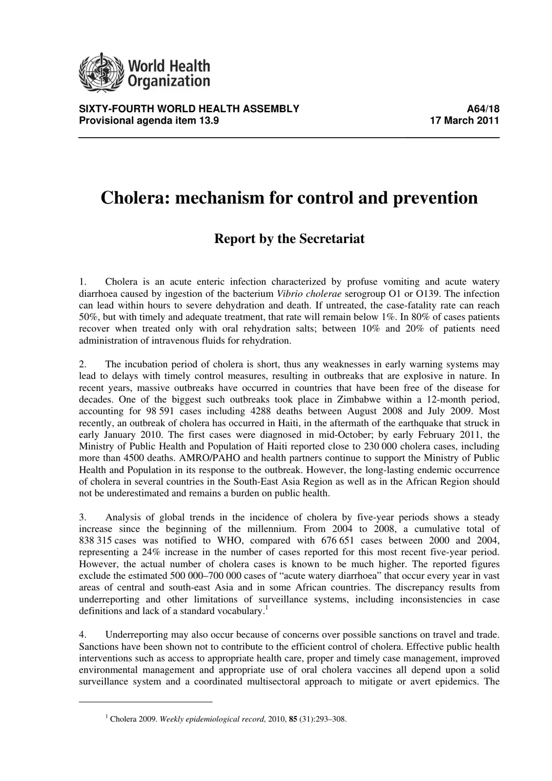 غلاف تقرير Cholera: mechanism for control and prevention