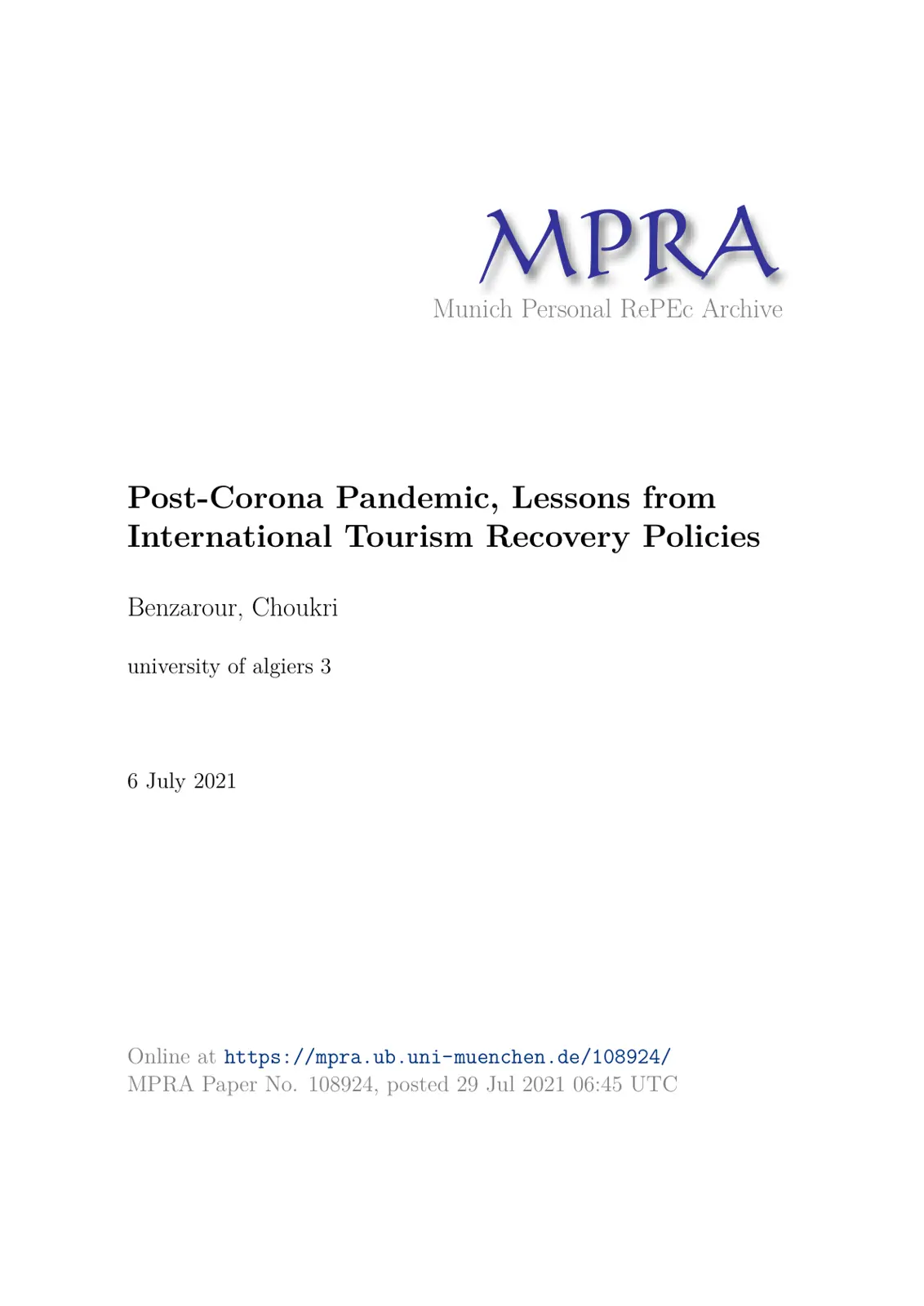 غلاف تقرير Post-Corona Pandemic: Lessons from International Tourism Recovery Policies