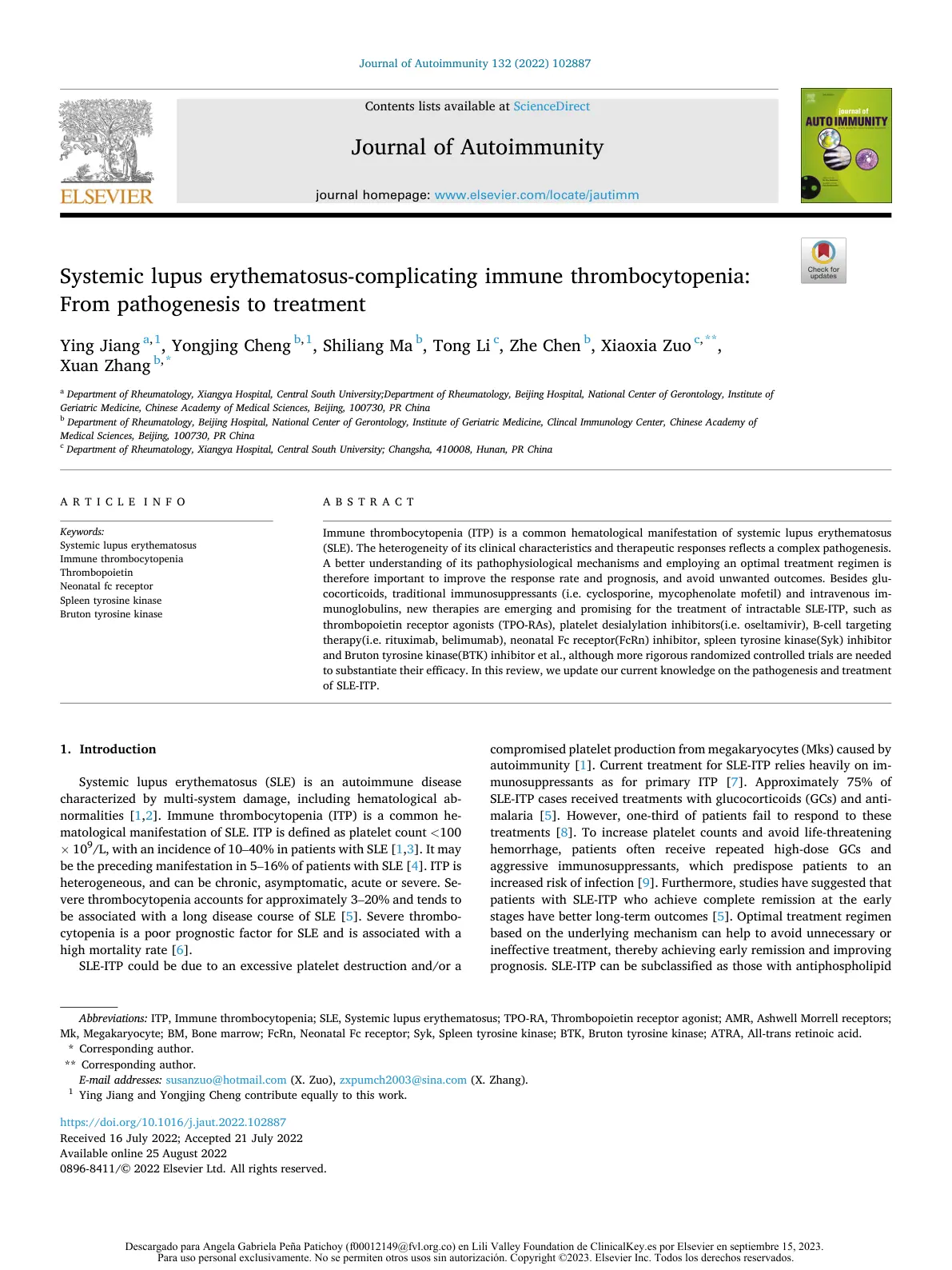 غلاف تقرير Systemic lupus erythematosus-complicating immune thrombocytopenia: From pathogenesis to treatment