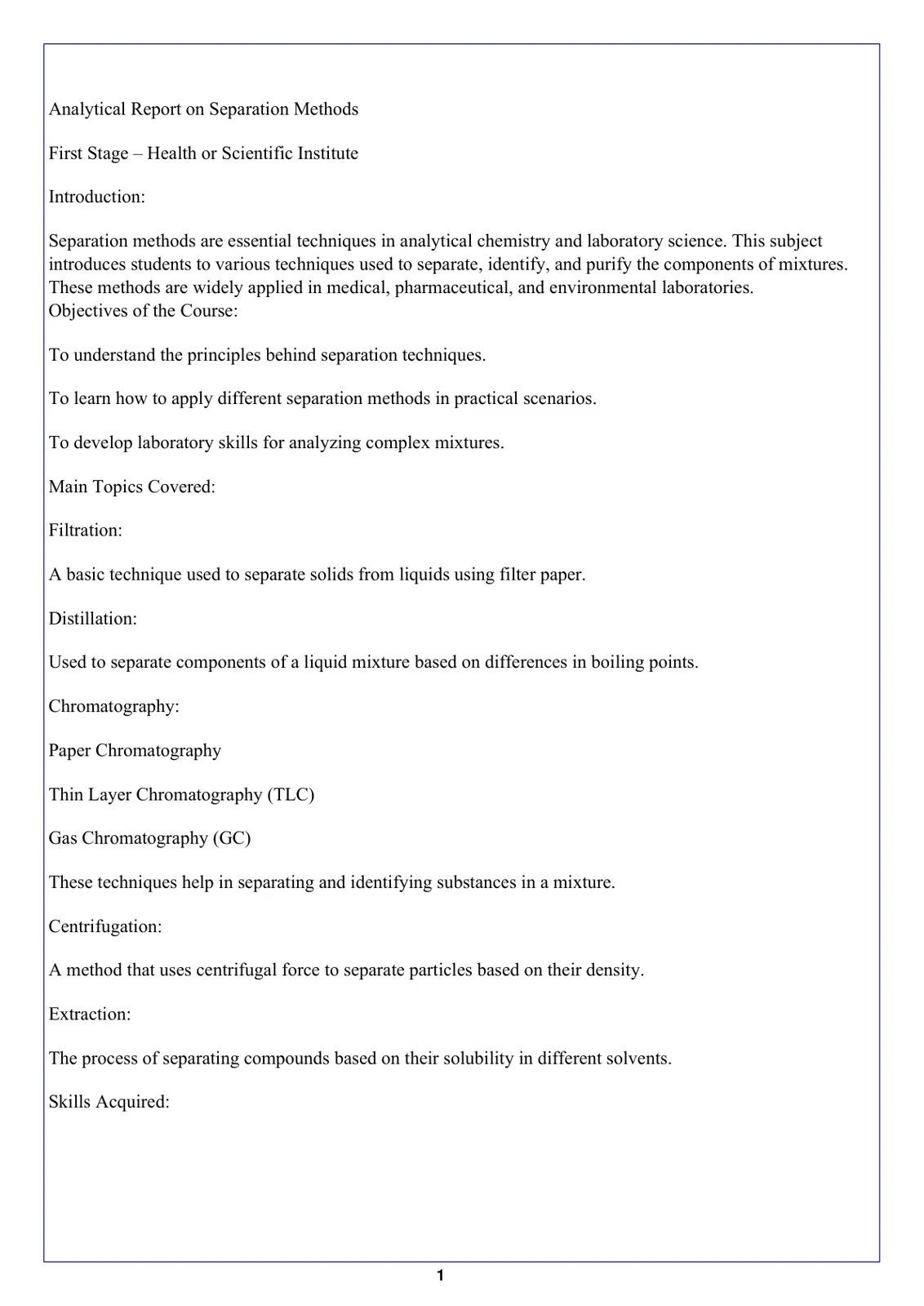 غلاف تقرير Analytical Report on Separation Methods