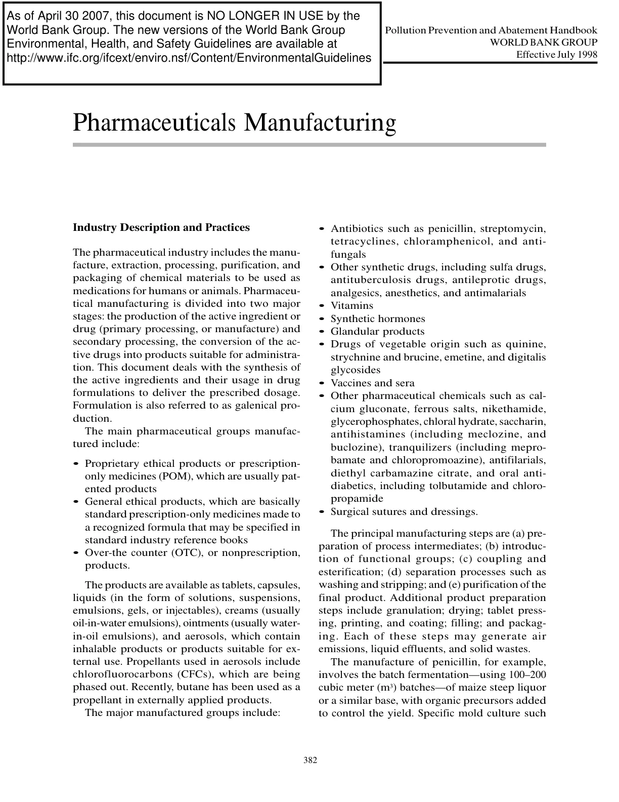 غلاف تقرير Pollution Prevention and Abatement Handbook: Pharmaceuticals Manufacturing