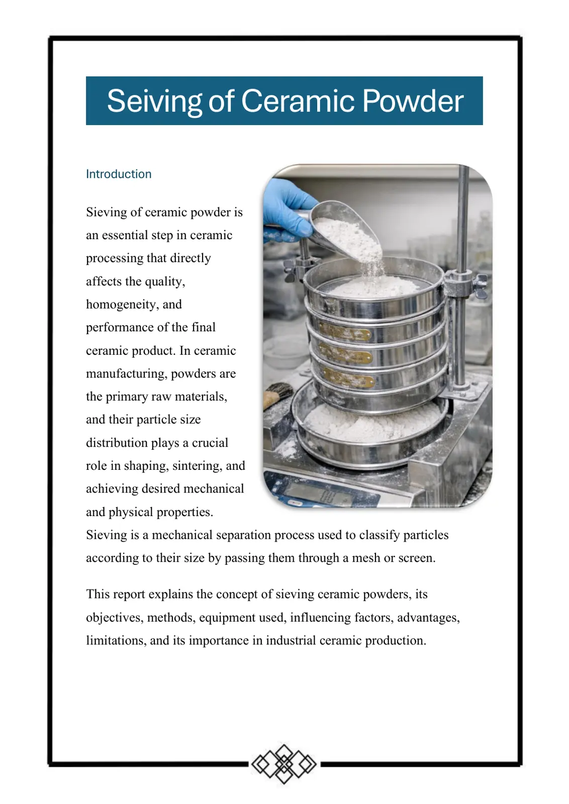 غلاف تقرير Sieving of Ceramic Powder