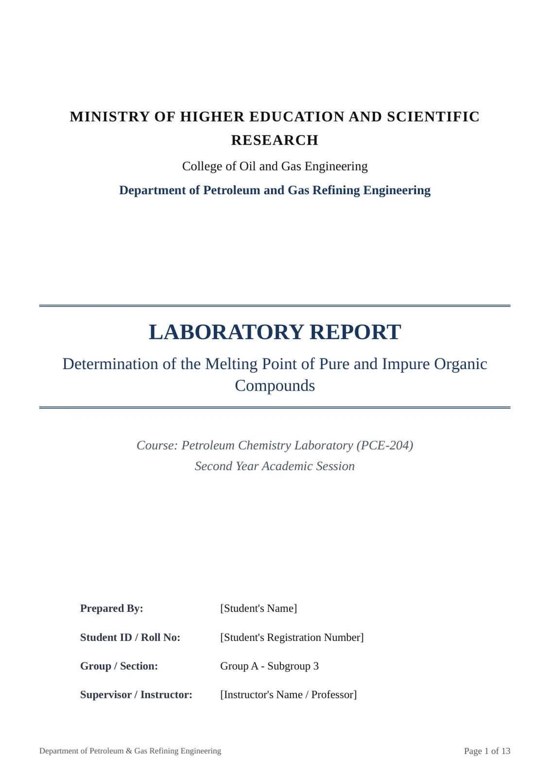 غلاف تقرير Determination of the Melting Point of Pure and Impure Organic Compounds