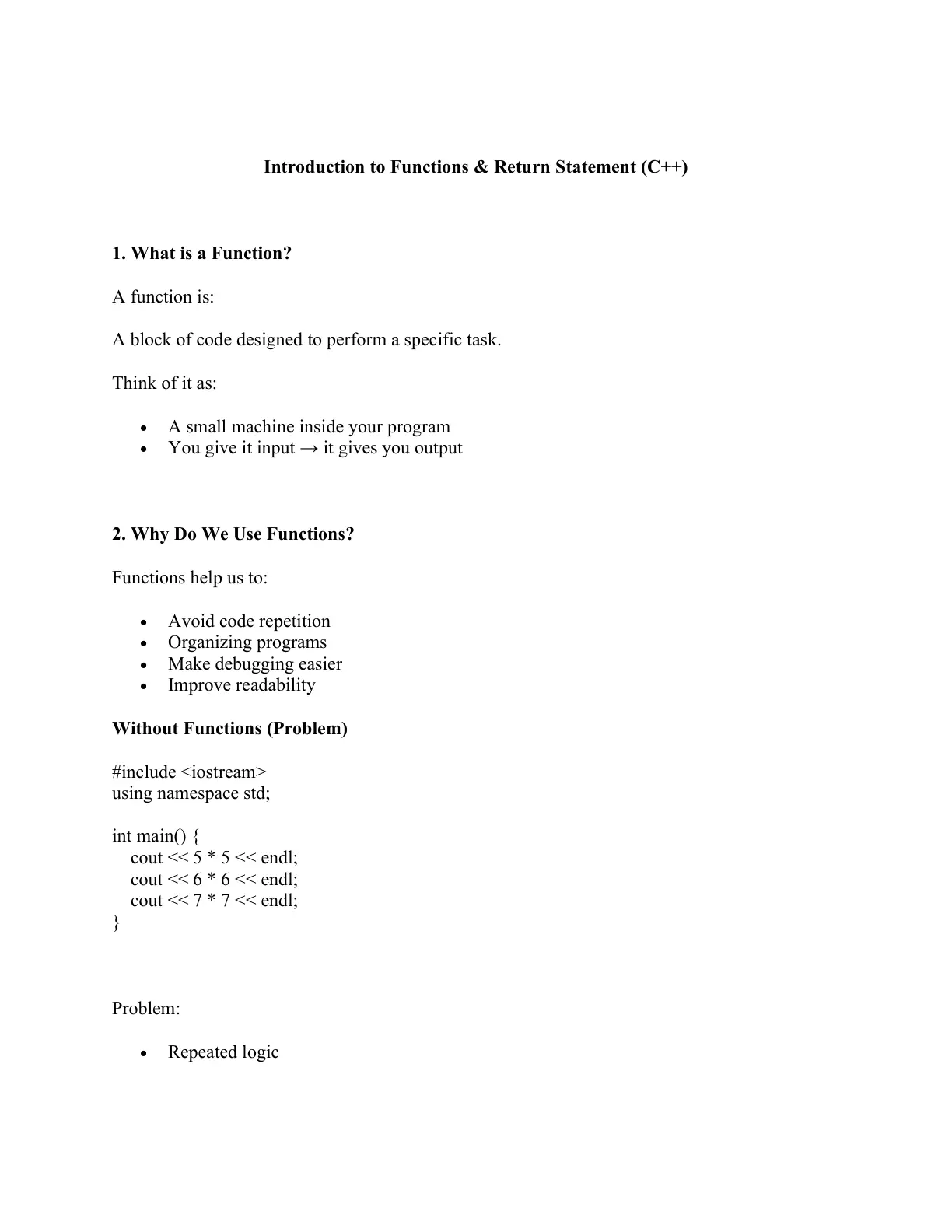 غلاف تقرير Introduction to Functions & Return Statement (C++)