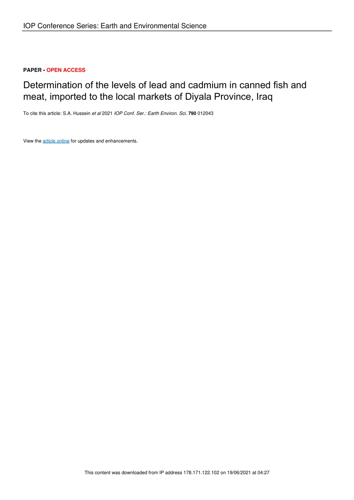 غلاف تقرير Determination of the levels of lead and cadmium in canned fish and meat, imported to the local markets of Diyala Province, Iraq