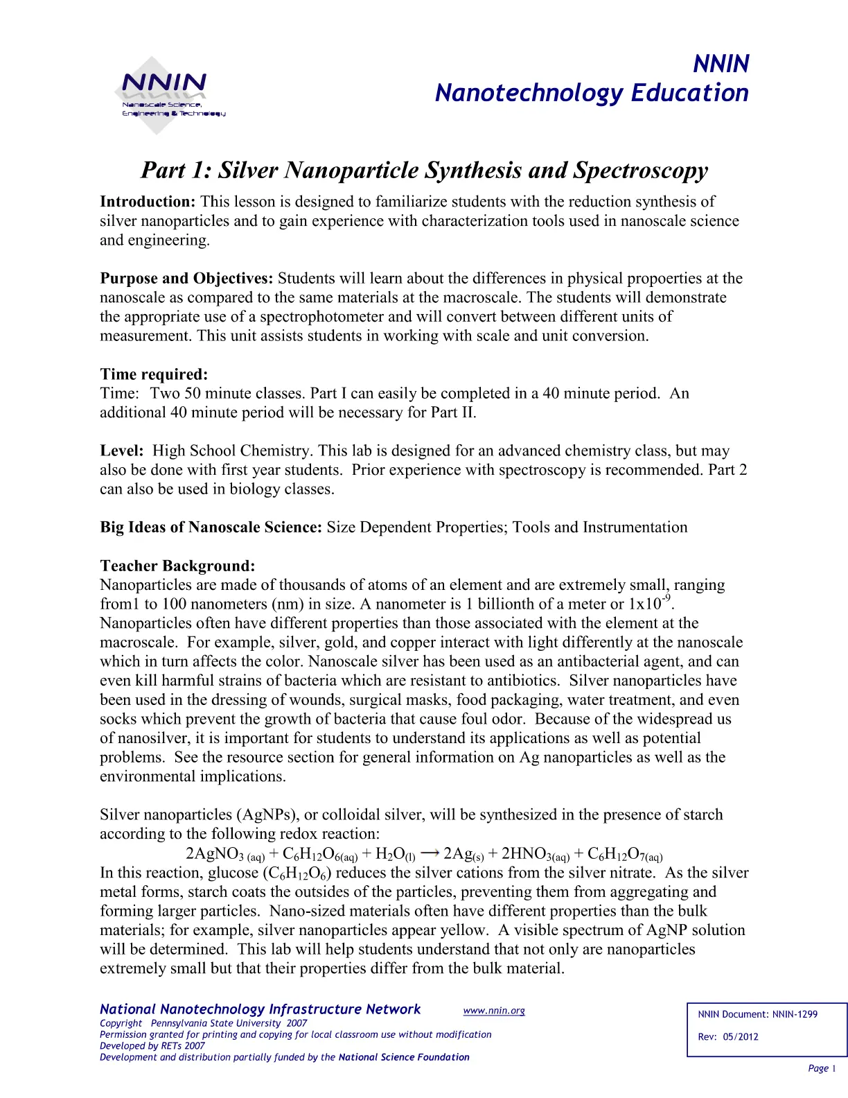 غلاف تقرير Nanotechnology Education Part 1: Silver Nanoparticle Synthesis and Spectroscopy