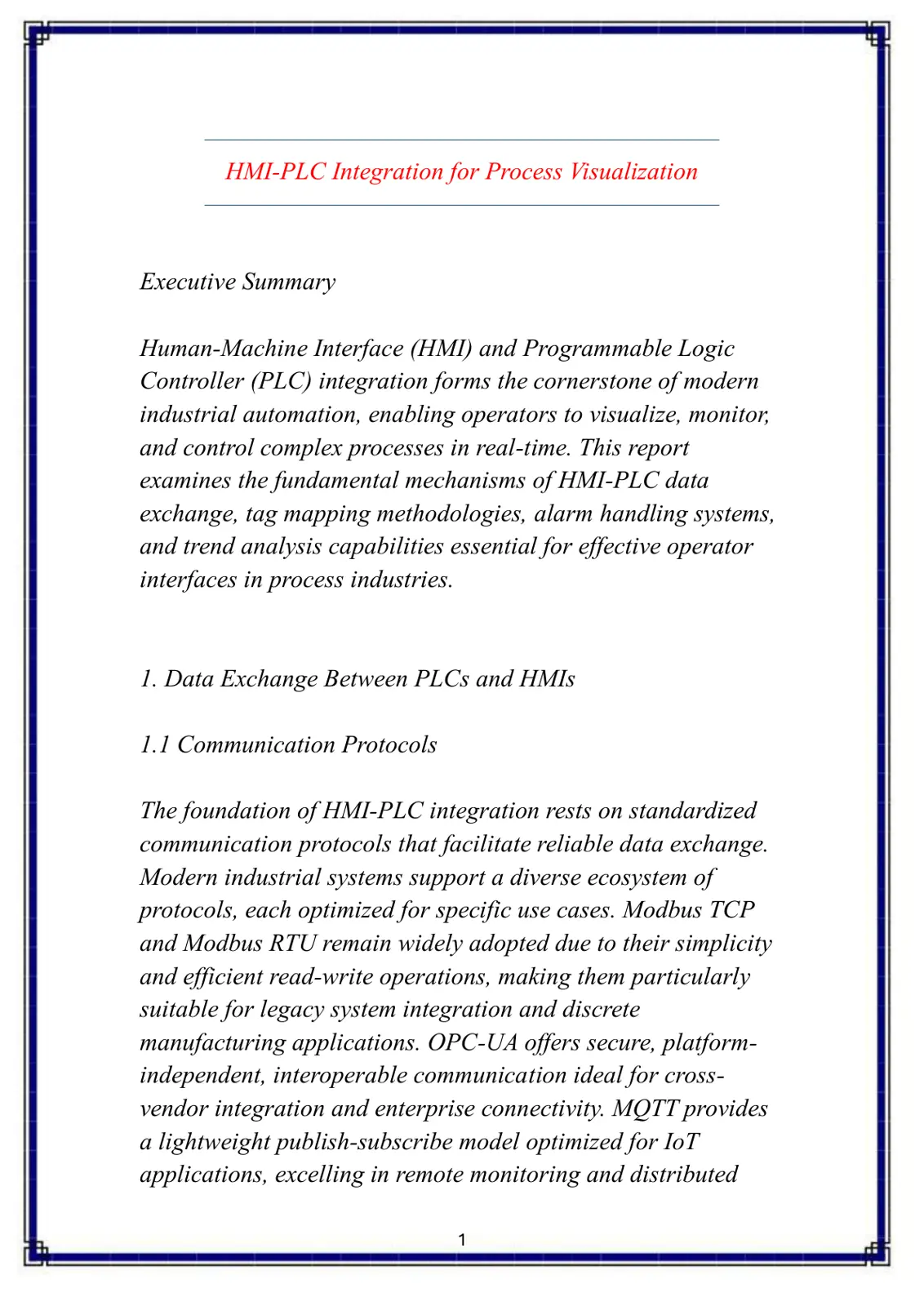 غلاف تقرير HMI-PLC Integration for Process Visualization