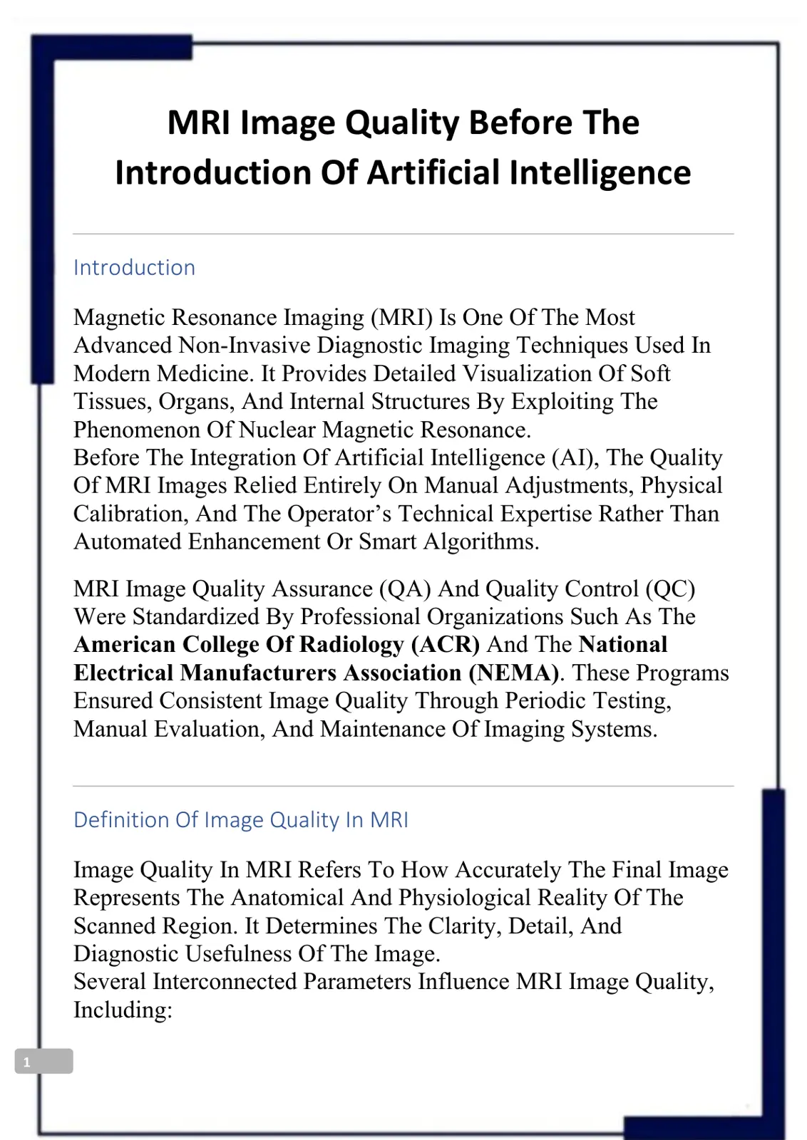غلاف تقرير MRI Image Quality Before The Introduction Of Artificial Intelligence