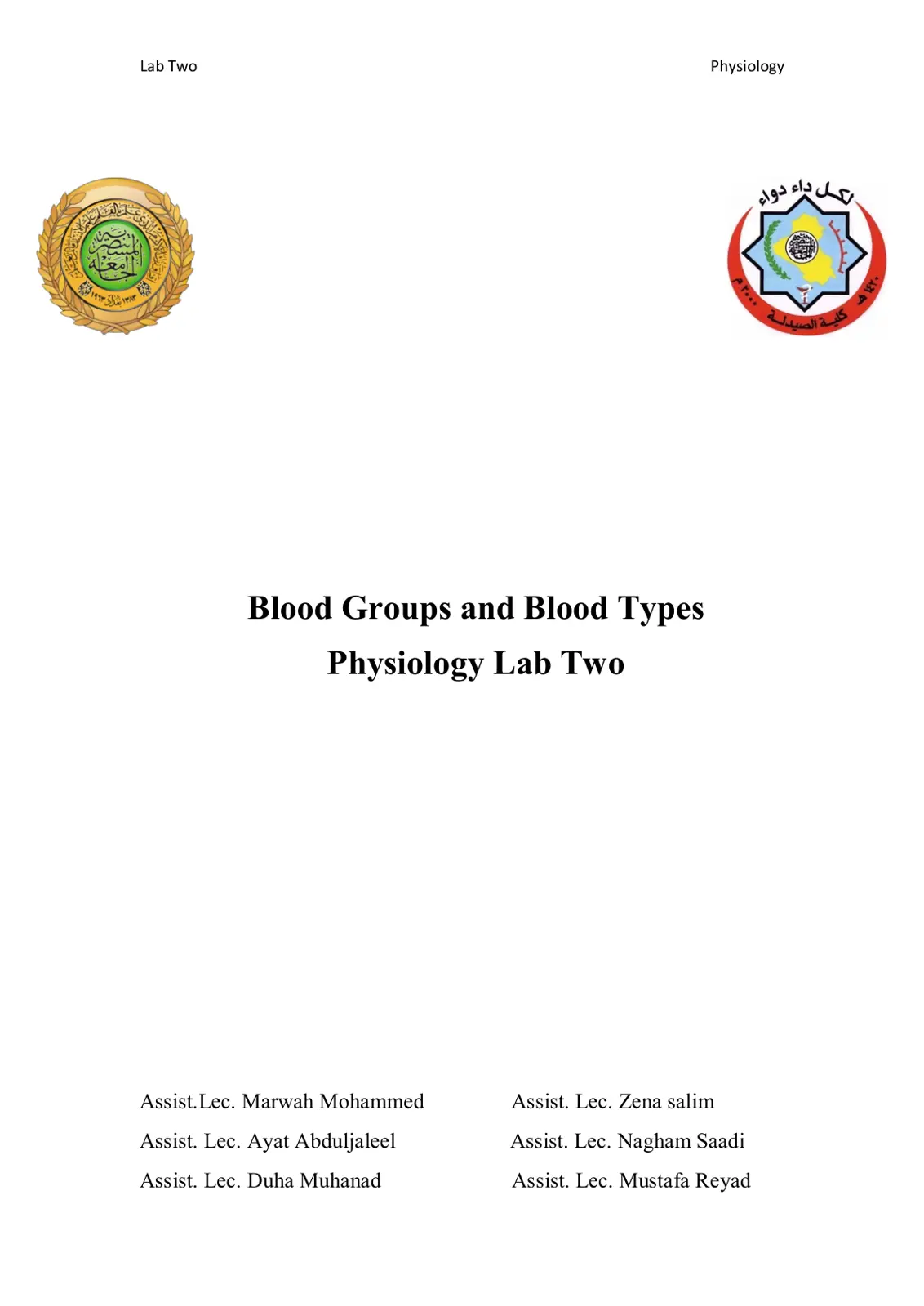 غلاف تقرير Lab Two Blood Groups and Blood Types