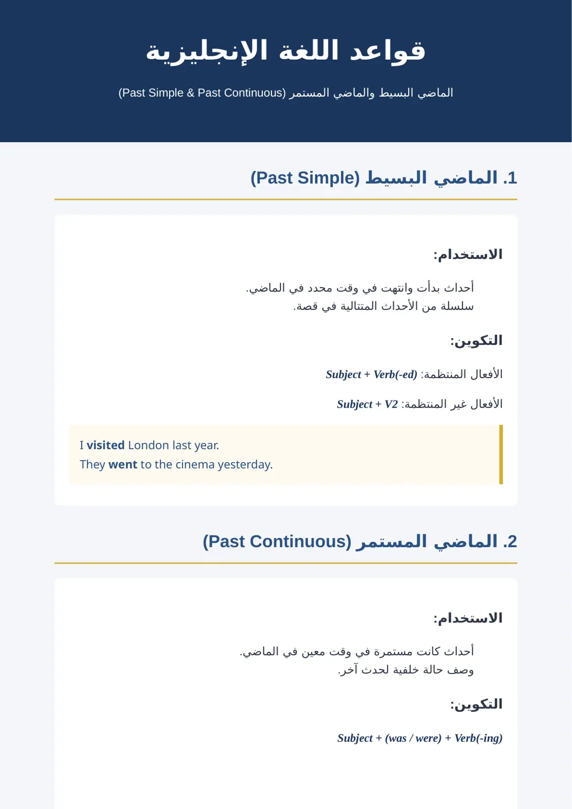 غلاف تقرير قواعد اللغة الإنجليزية - الماضي البسيط والماضي المستمر