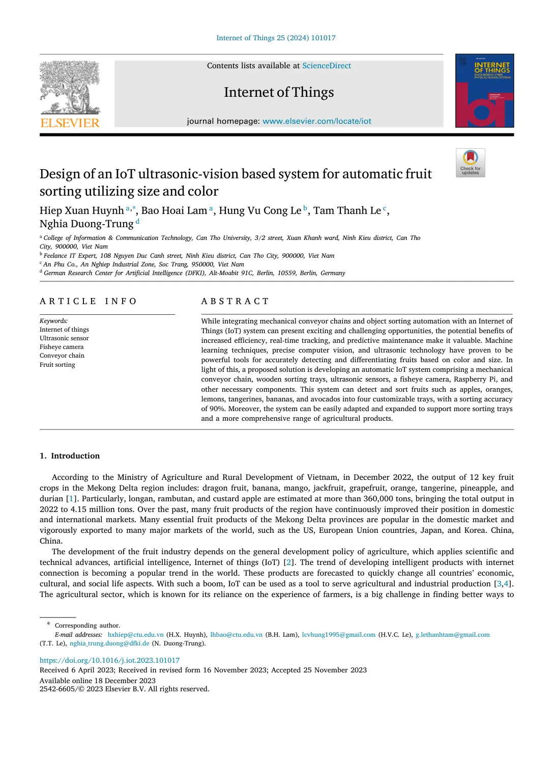 غلاف تقرير Design of an IoT ultrasonic-vision based system for automatic fruit sorting utilizing size and color