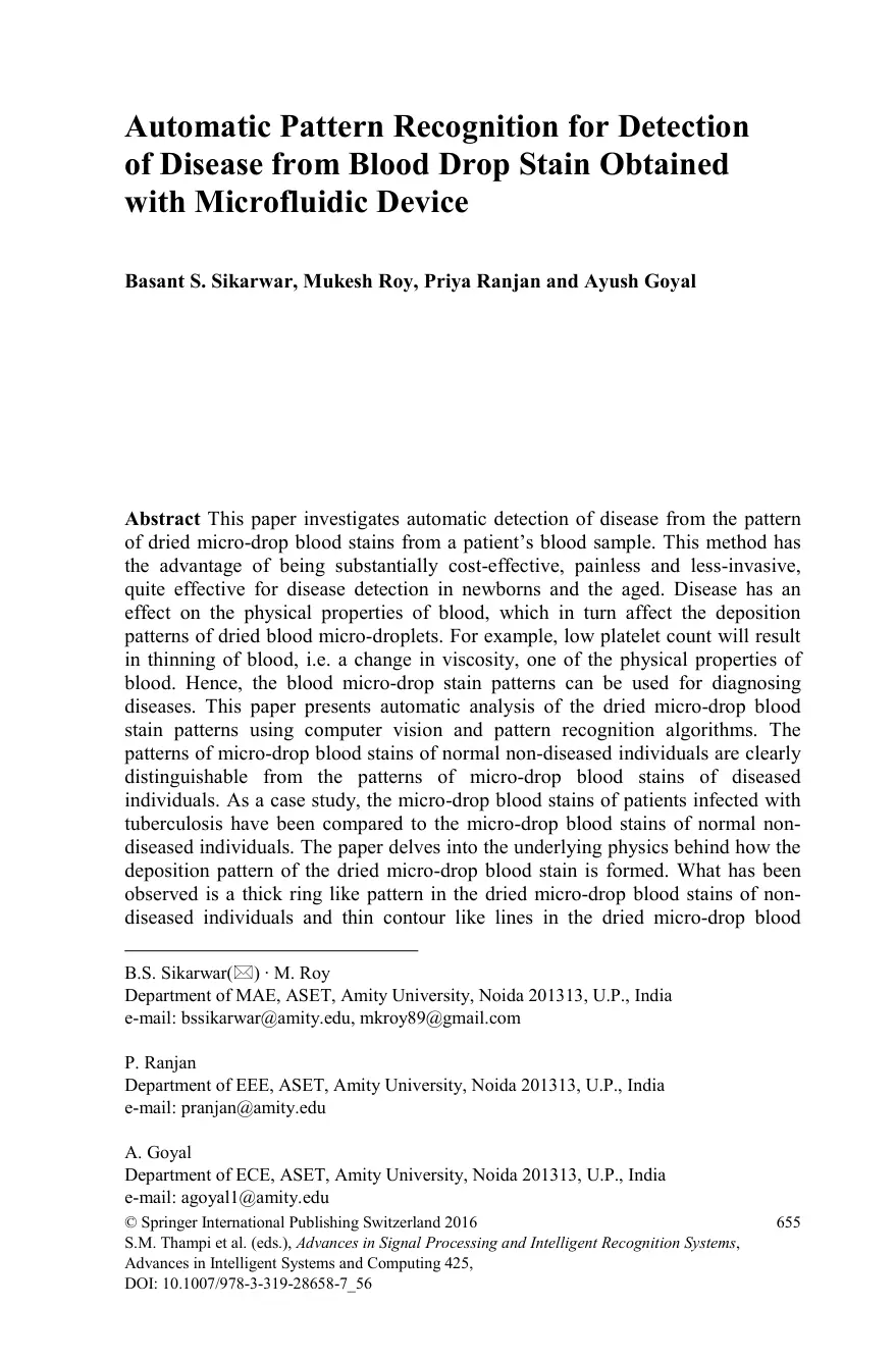 غلاف تقرير Automatic Pattern Recognition for Detection of Disease from Blood Drop Stain Obtained with Microfluidic Device
