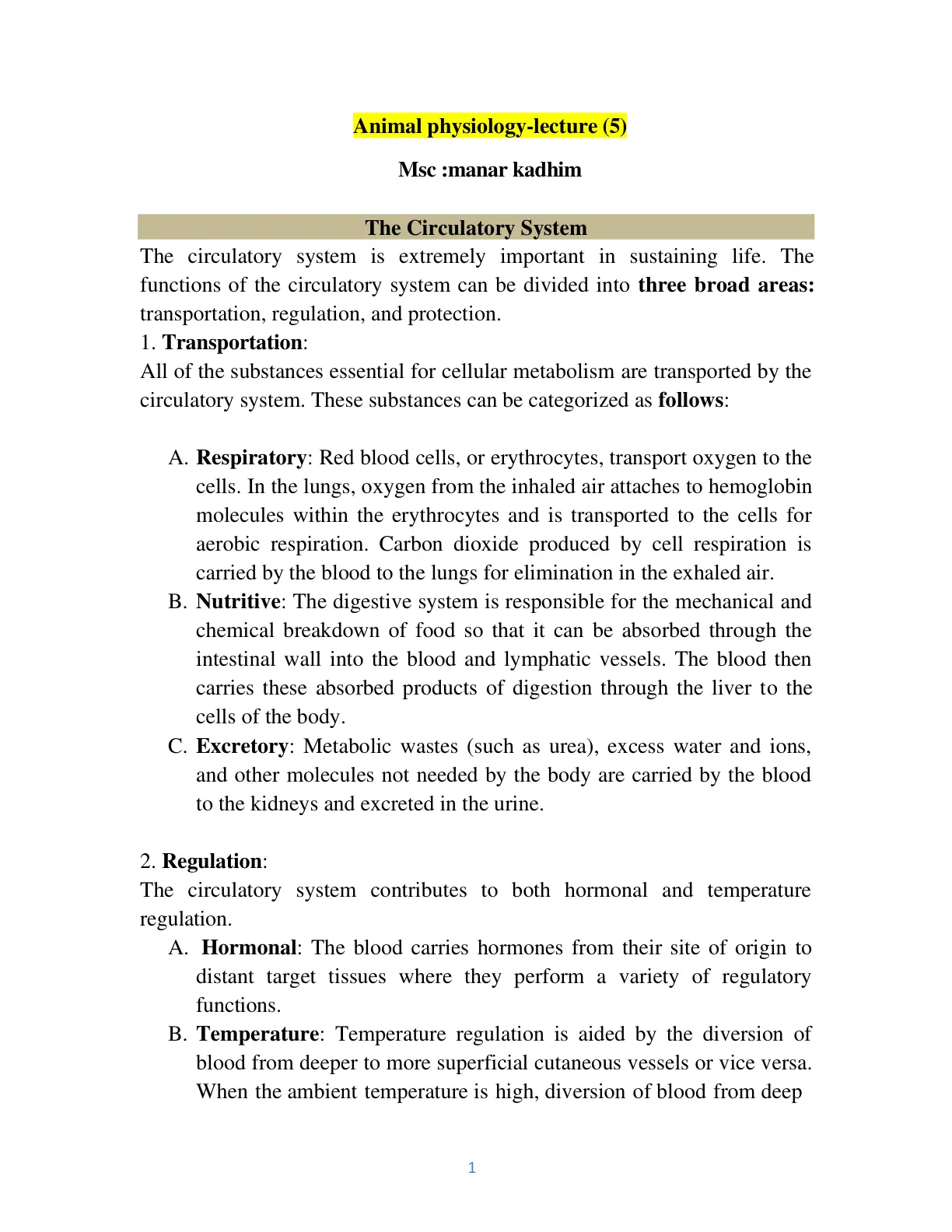 غلاف تقرير Animal physiology-lecture (5): The Circulatory System