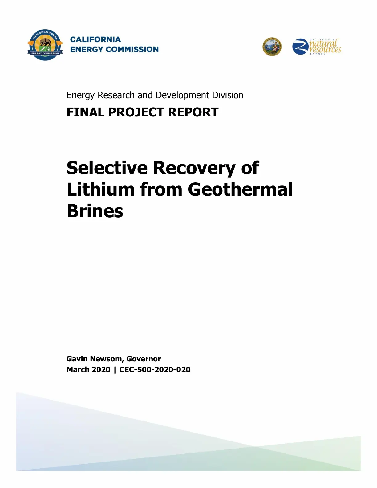 غلاف تقرير Selective Recovery of Lithium from Geothermal Brines