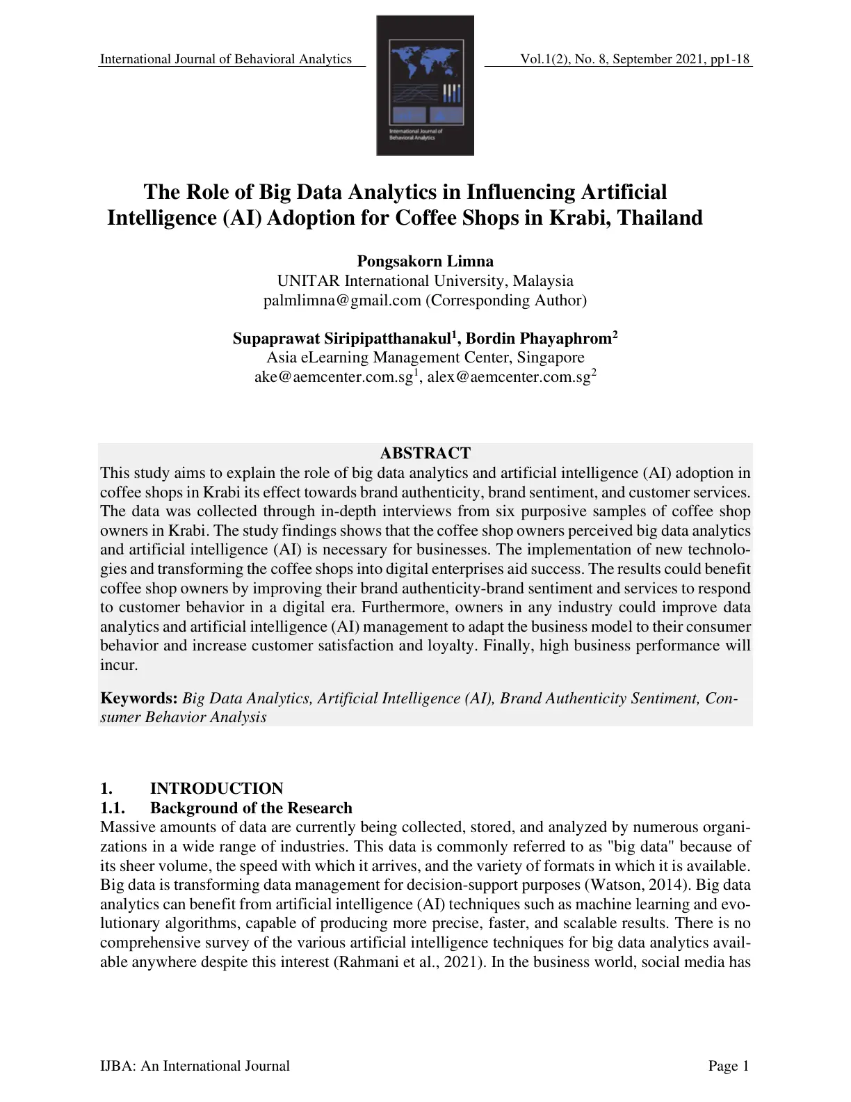 غلاف تقرير The Role of Big Data Analytics in Influencing Artificial Intelligence (AI) Adoption for Coffee Shops in Krabi, Thailand