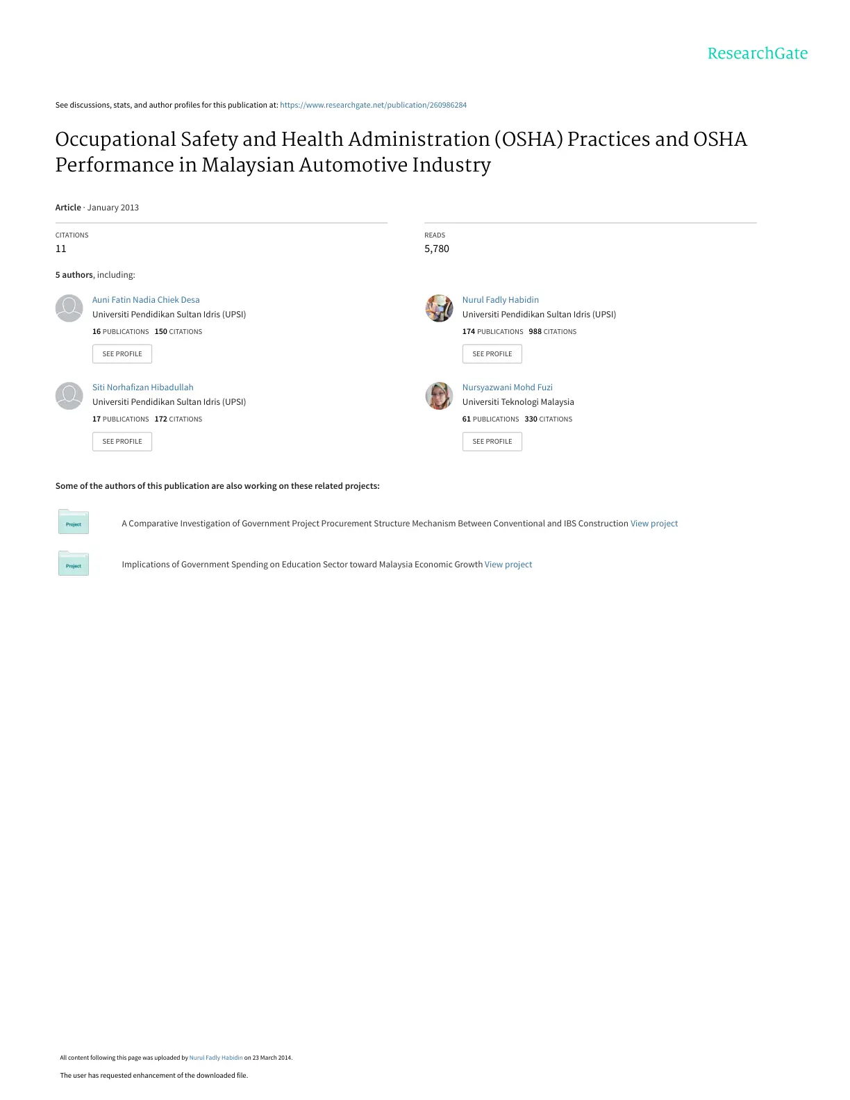غلاف تقرير Occupational Safety and Health Administration (OSHA) Practices and OSHA Performance in Malaysian Automotive Industry