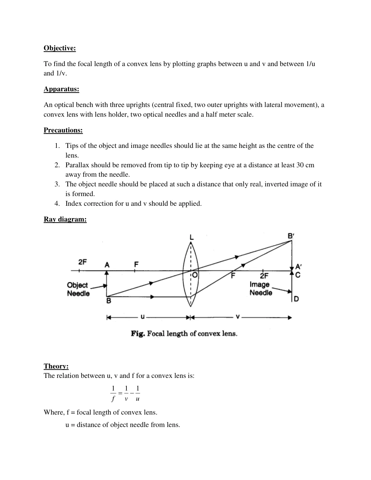 غلاف تقرير Objective: To find the focal length of a convex lens by plotting graphs between u and v and between 1/u and 1/v.